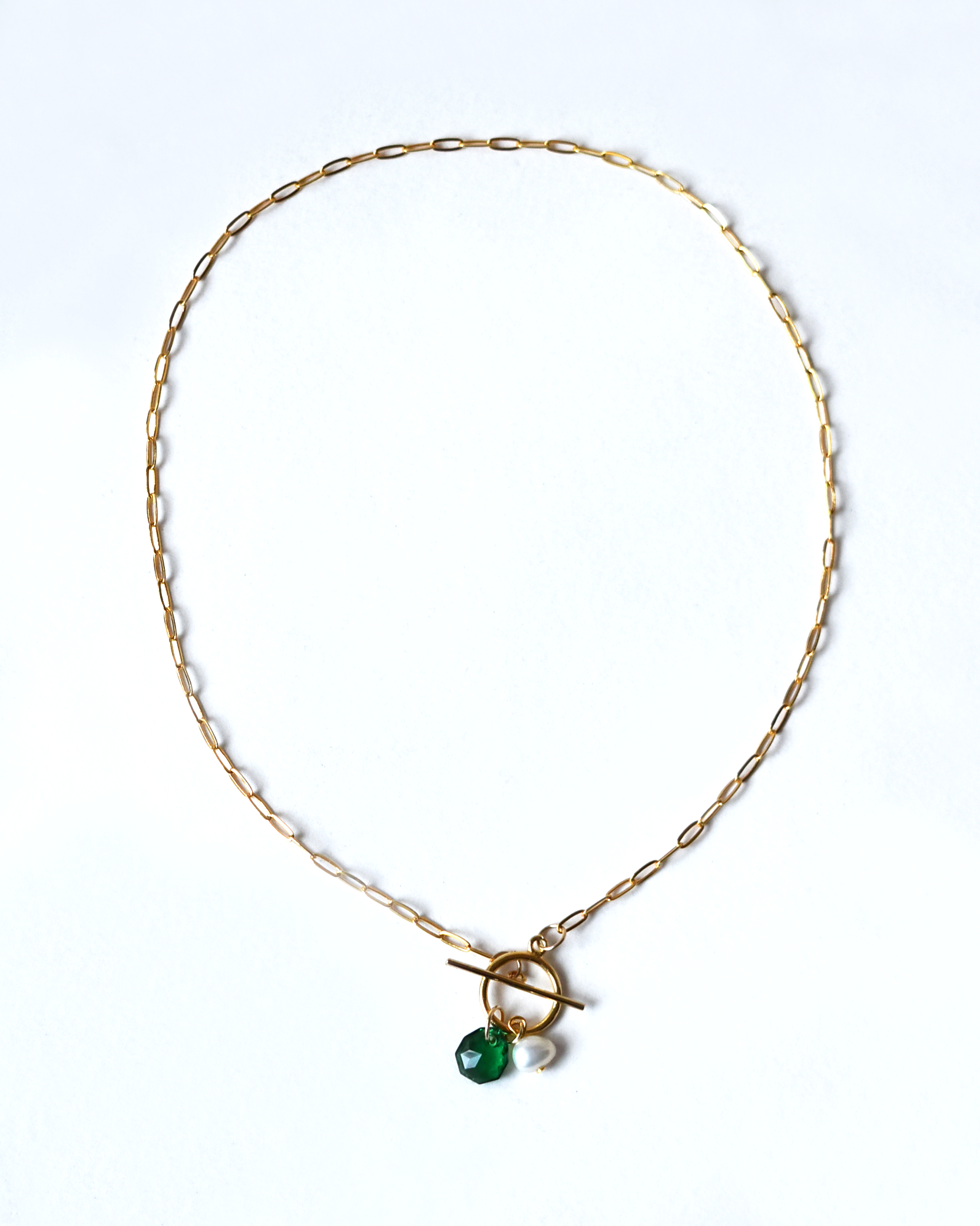 Emerald Green Pearl Drop Toggle Necklace