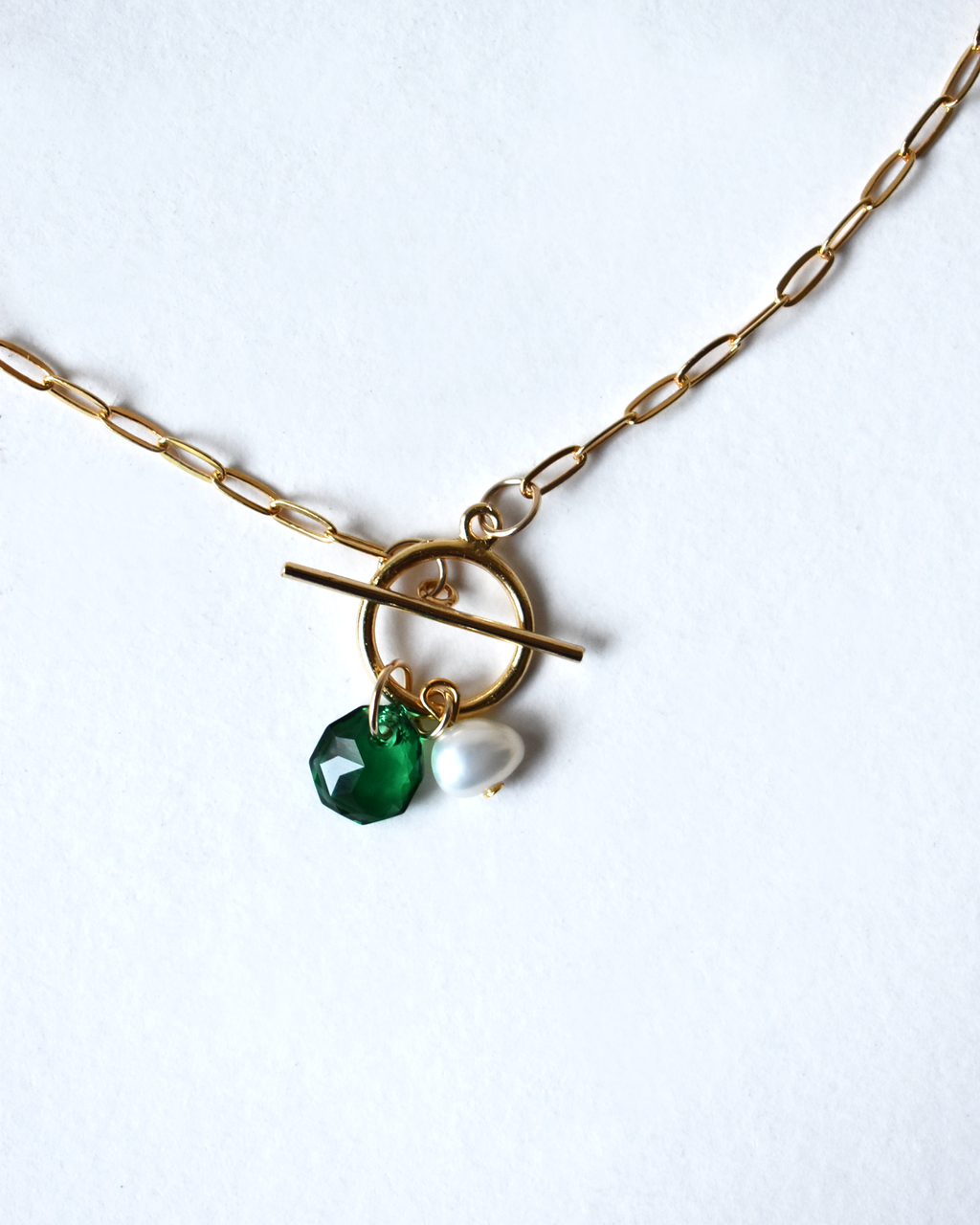 Emerald Green Pearl Drop Toggle Necklace