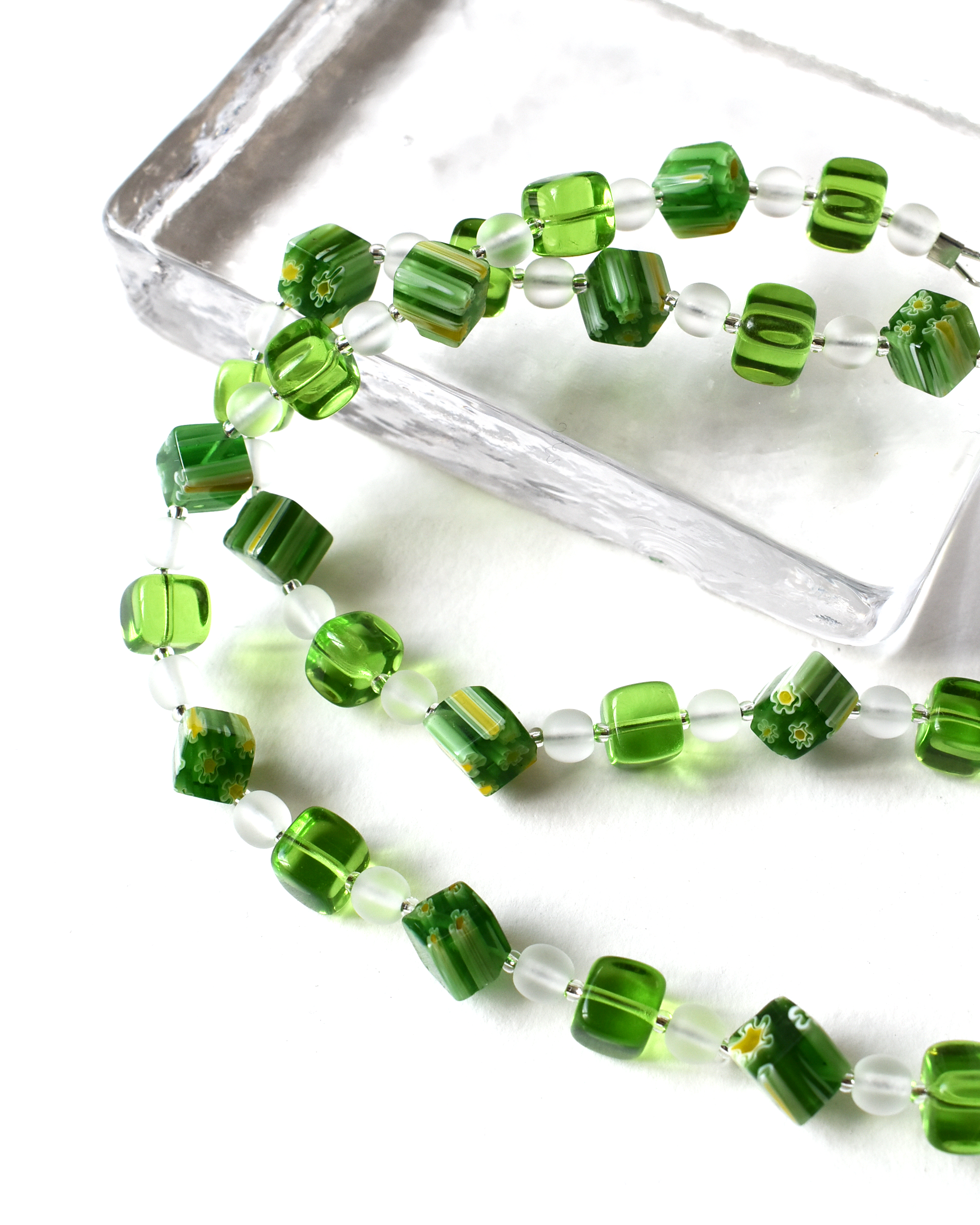 Millefiori Green Cube Beaded Necklace