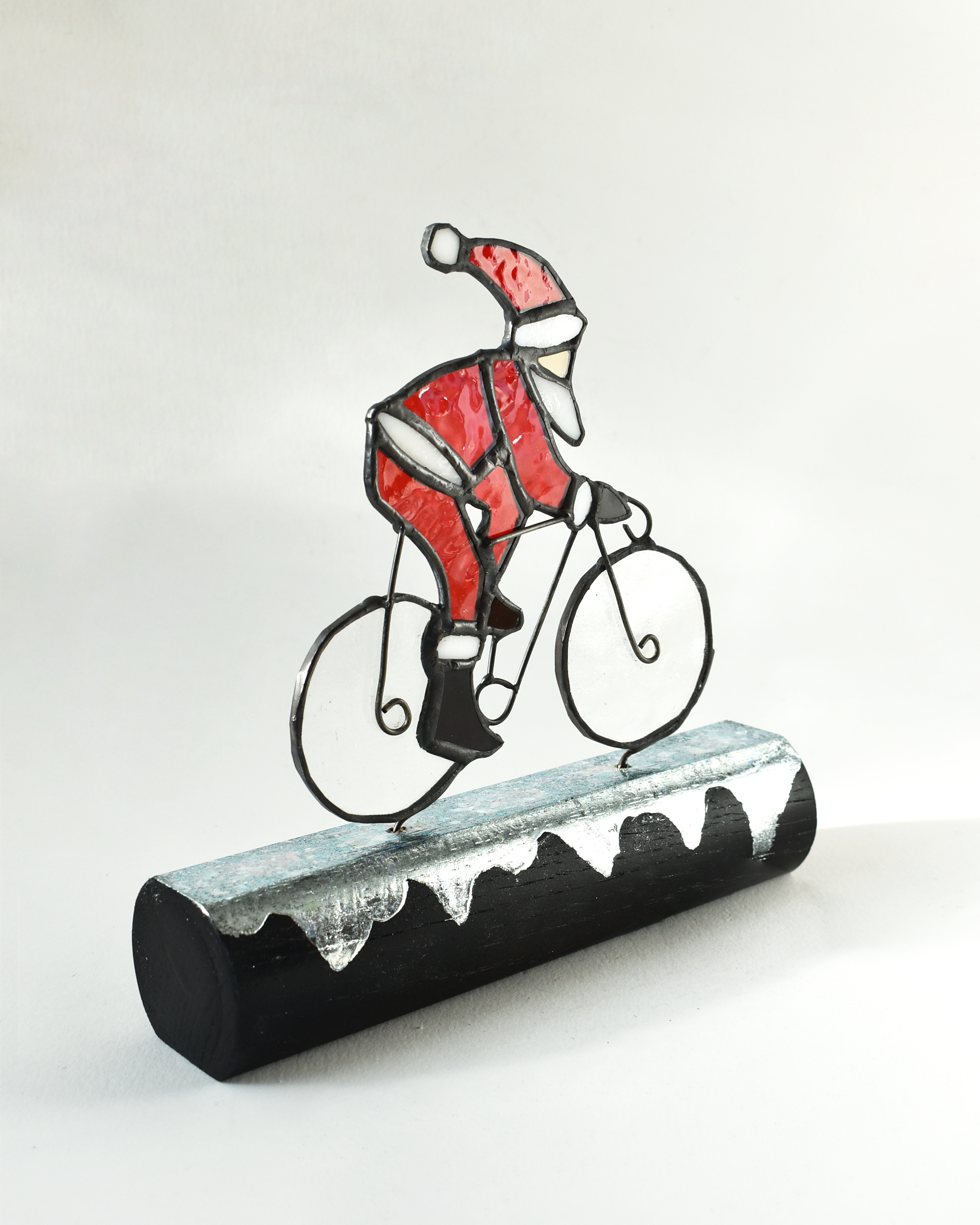 'Cycling Santa' Stained Glass Ornament