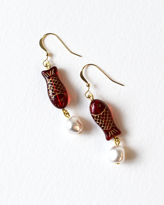 Red Fish Drop Hook Earrings