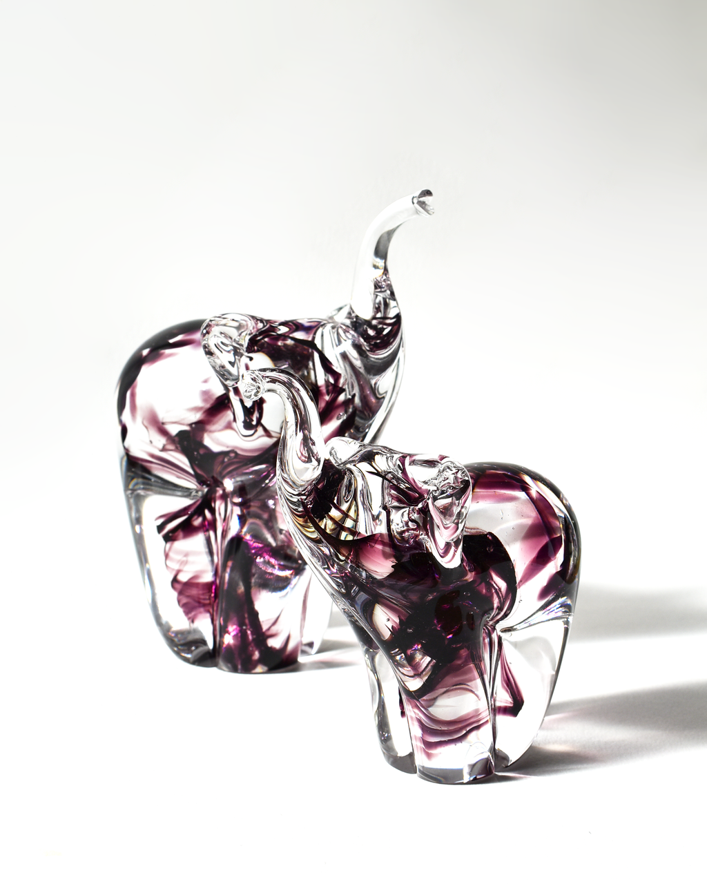 Handblown Clear and Purple Streaky Glass Elephants