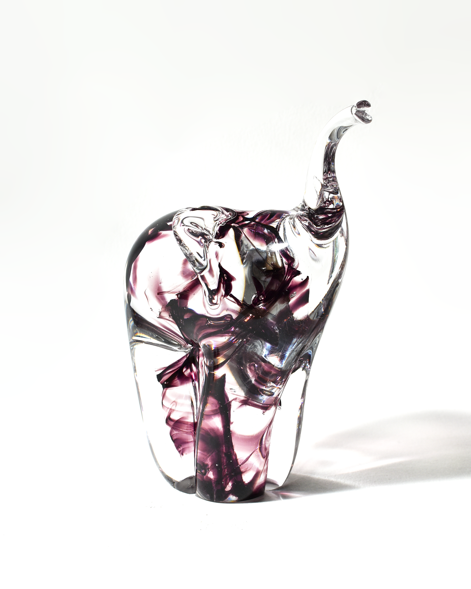 Handblown Clear and Purple Streaky Glass Elephants