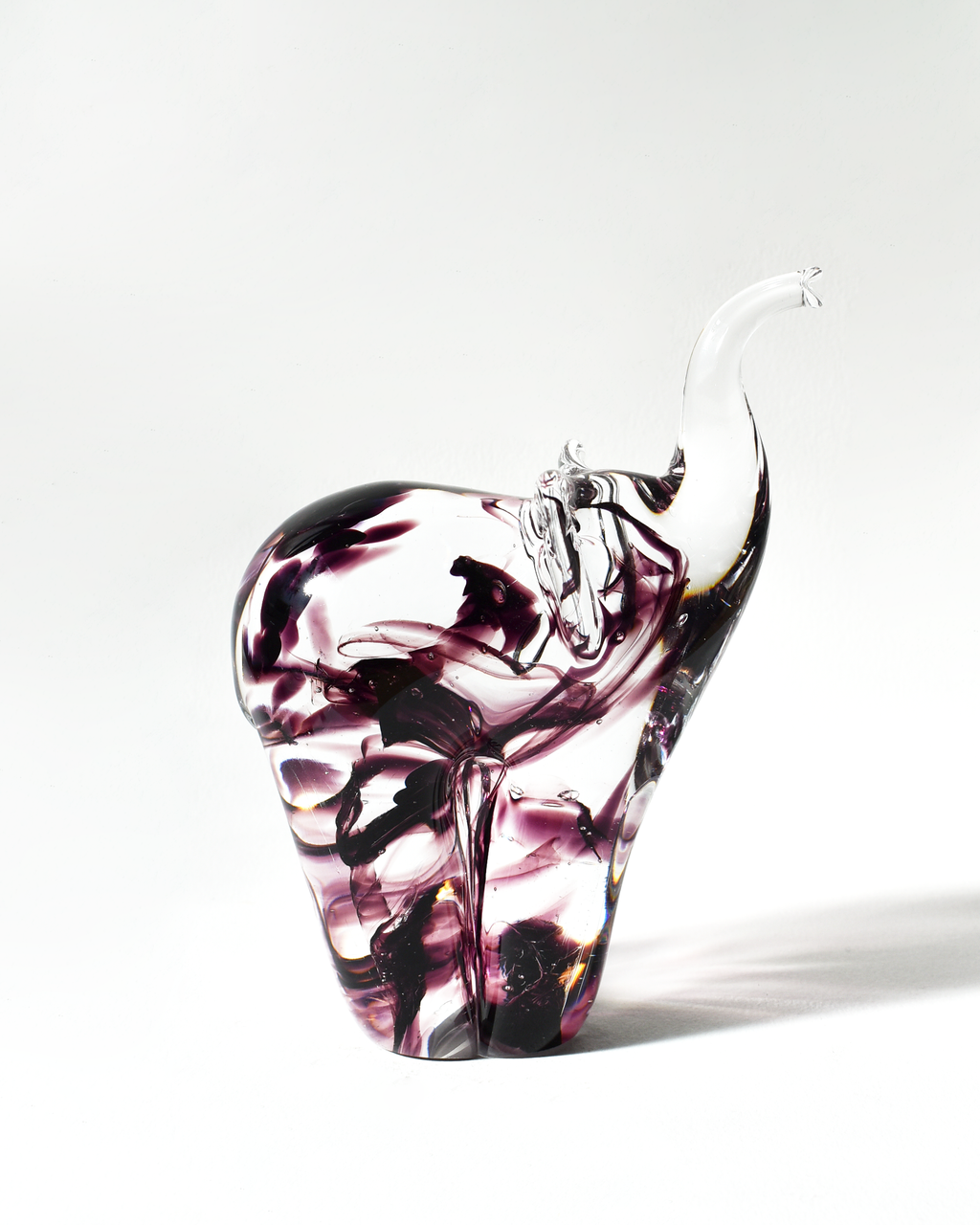 Handblown Clear and Purple Streaky Glass Elephants