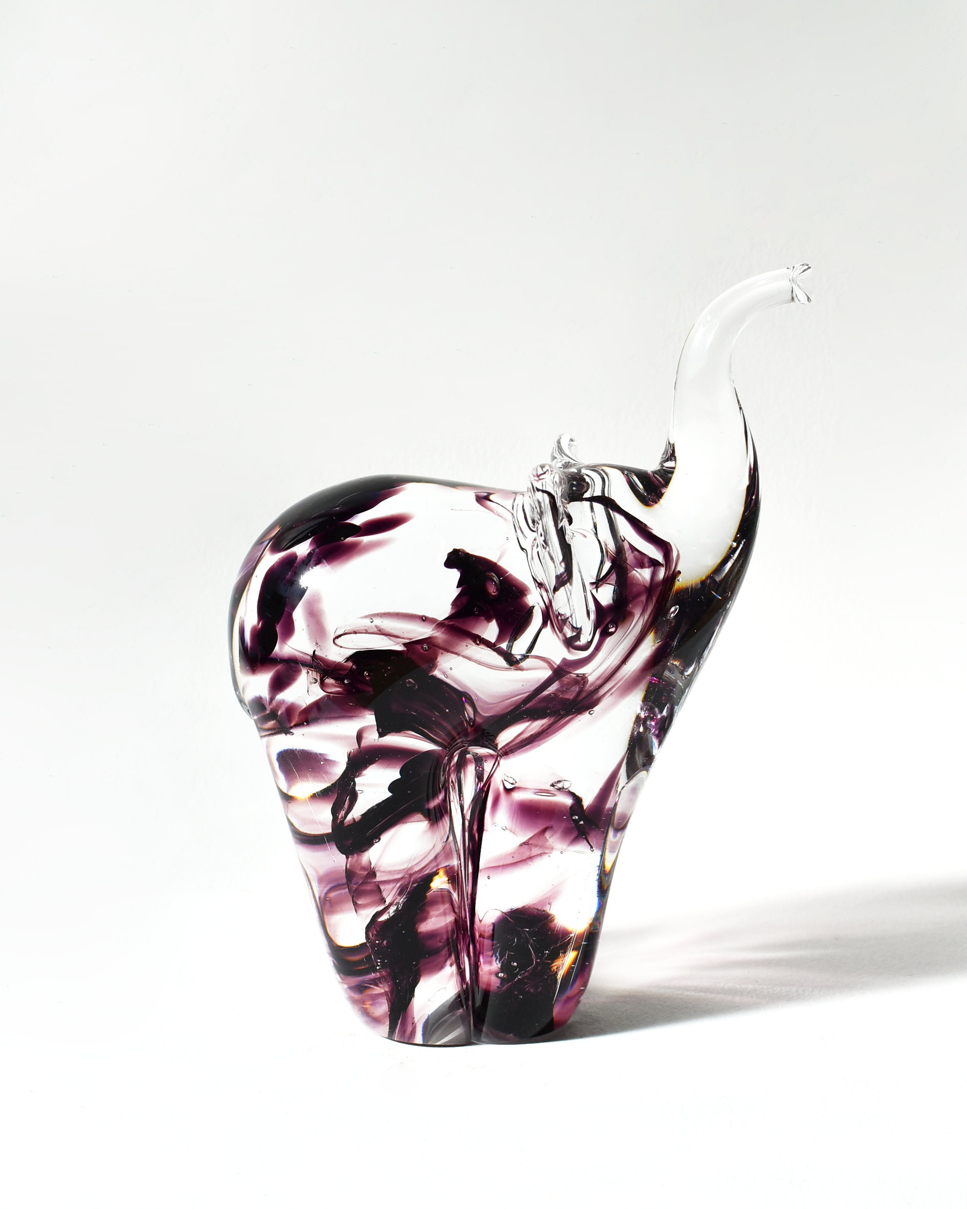 Handblown Clear and Purple Streaky Glass Elephants