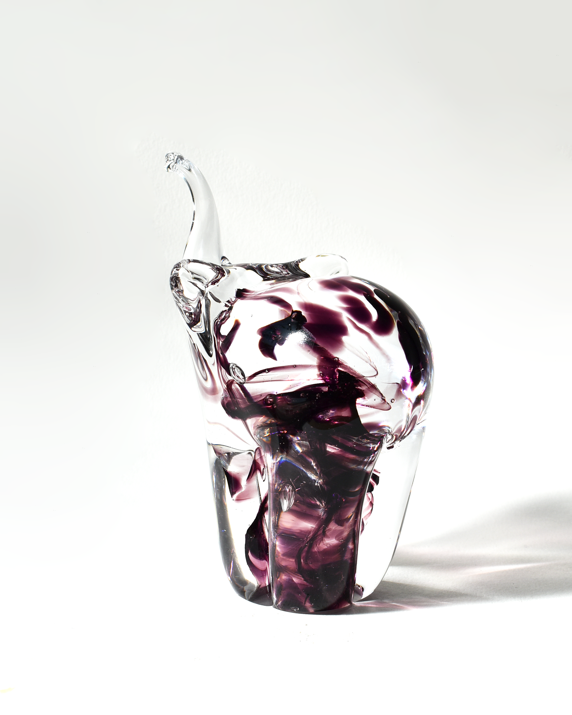 Handblown Clear and Purple Streaky Glass Elephants