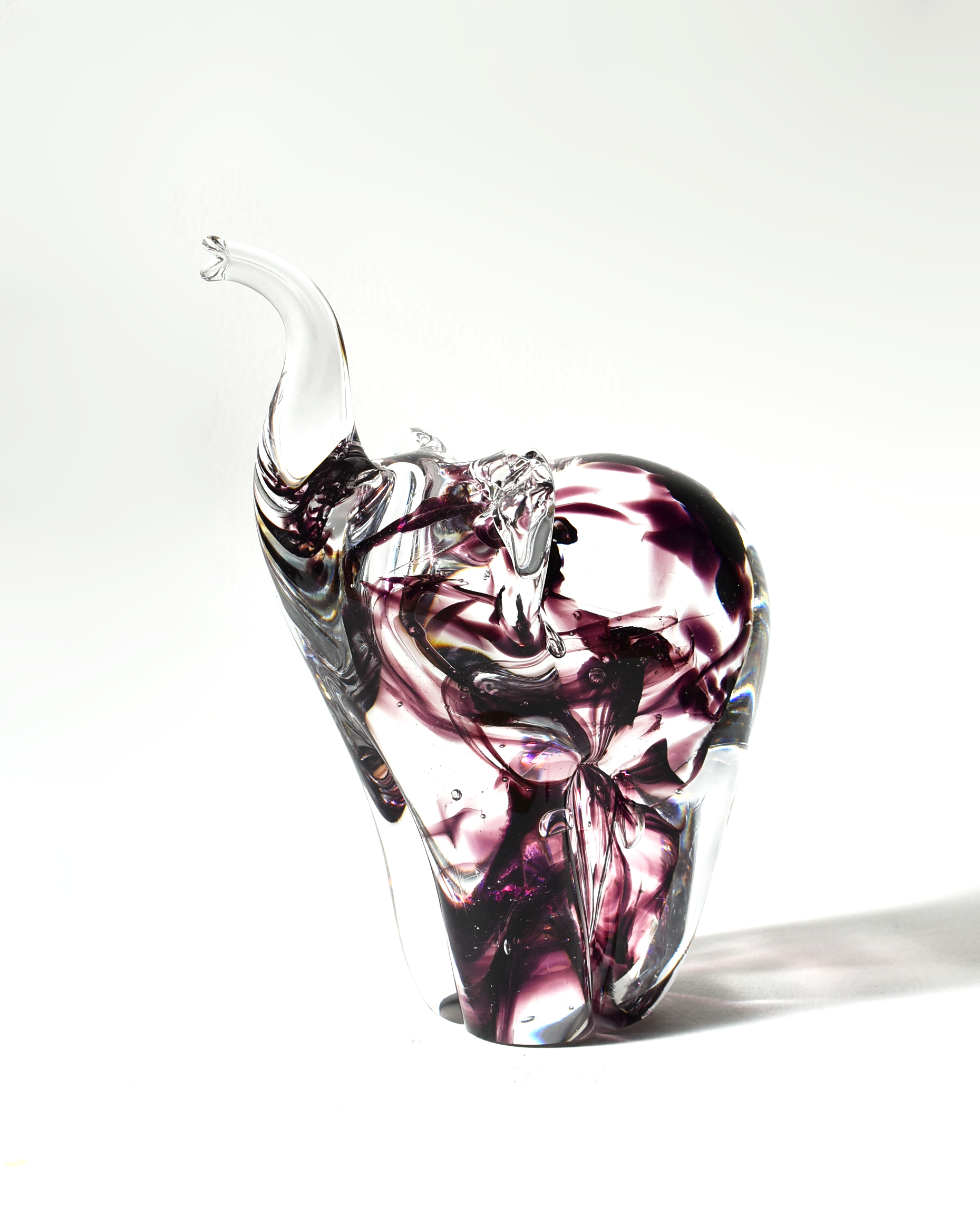 Handblown Clear and Purple Streaky Glass Elephants