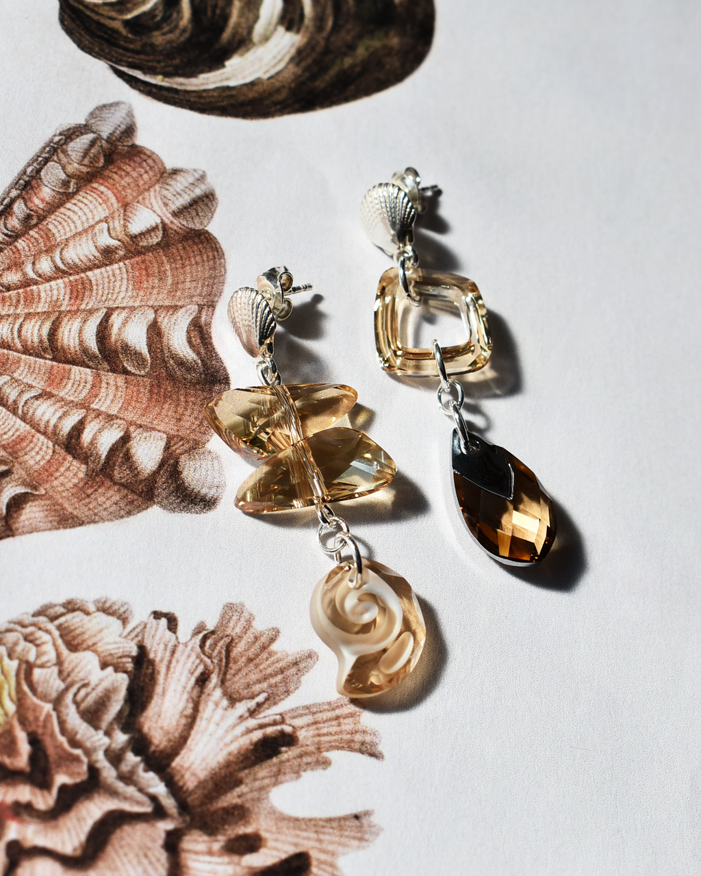 'Champagne Crystal' Asymmetric Seashell Earrings