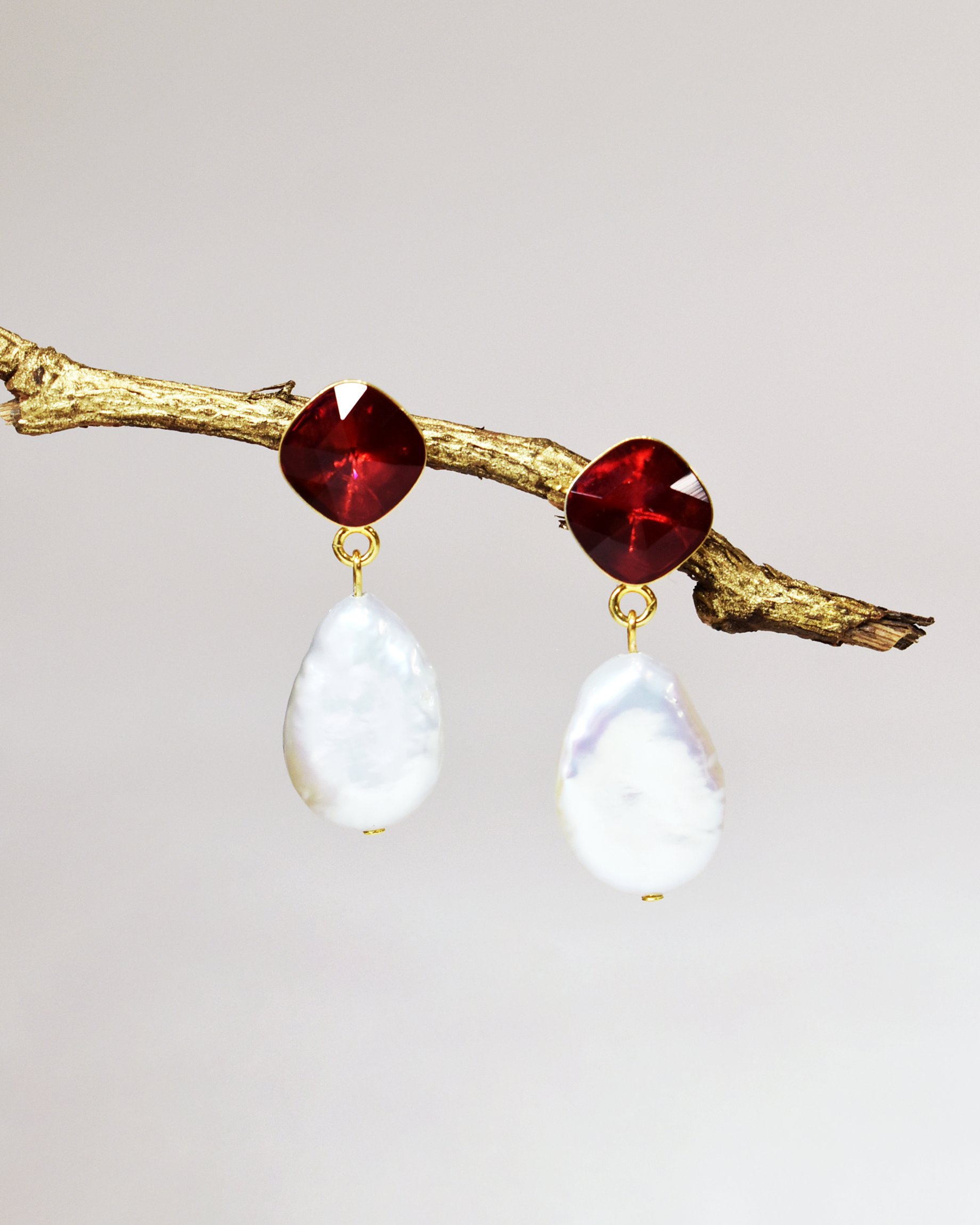 Red Cushion Crystal Pearl Drop Earrings