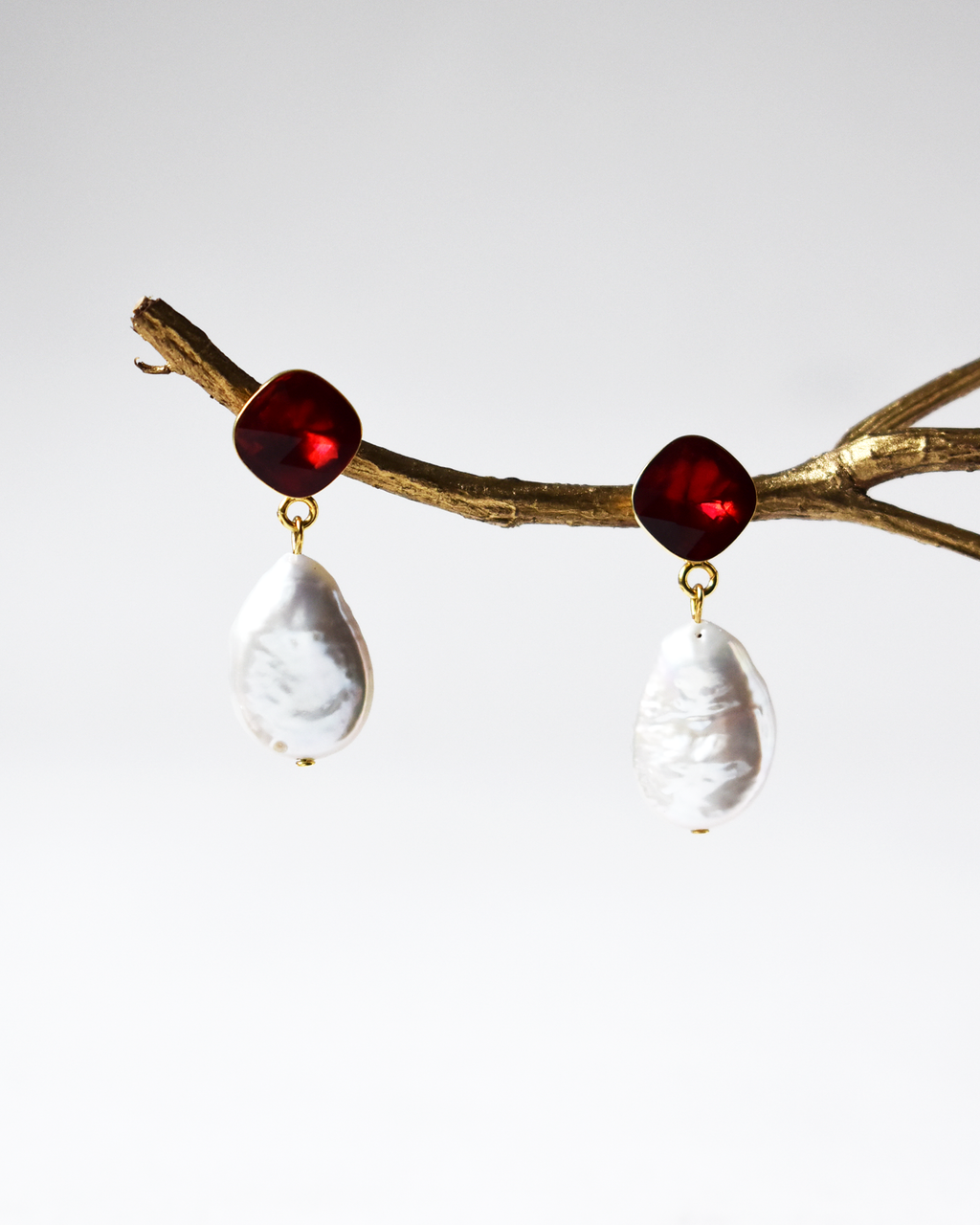 Red Cushion Crystal Pearl Drop Earrings