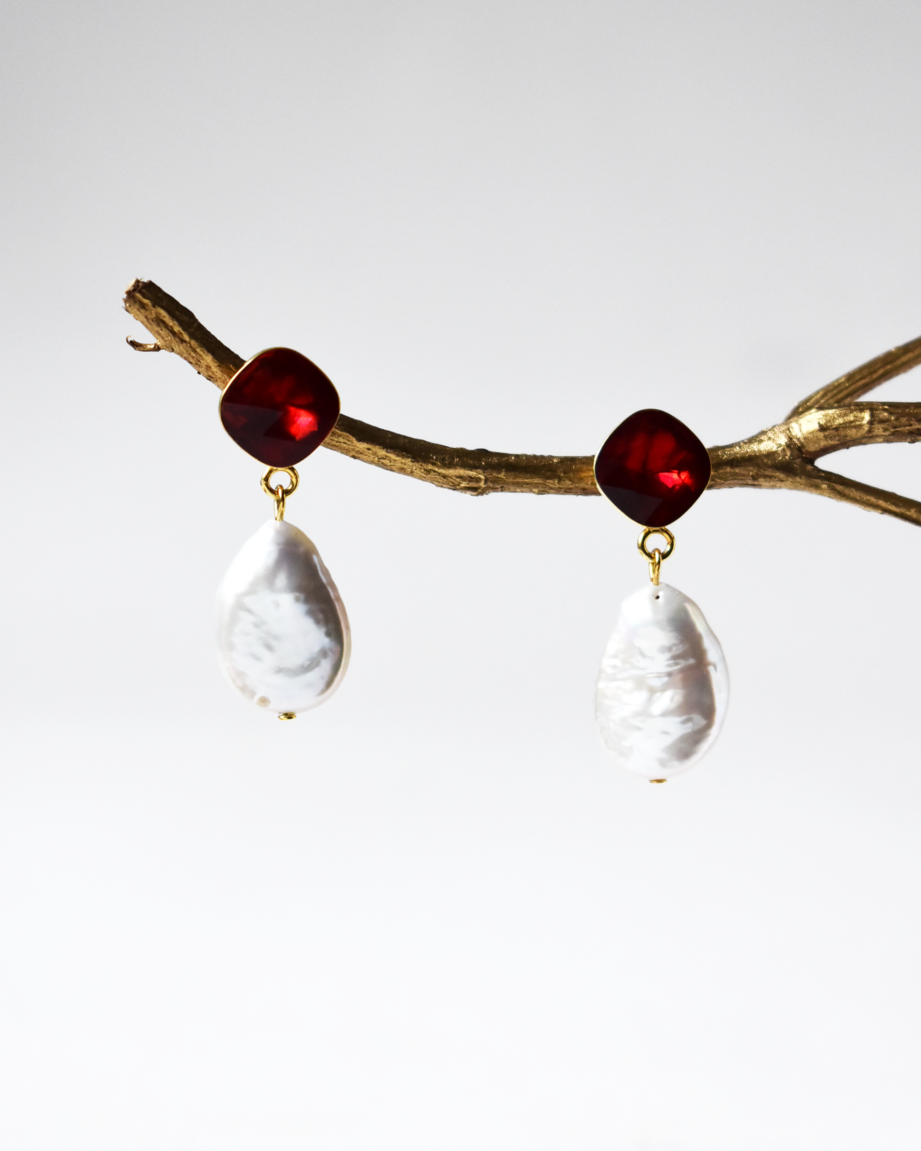 Red Cushion Crystal Pearl Drop Earrings