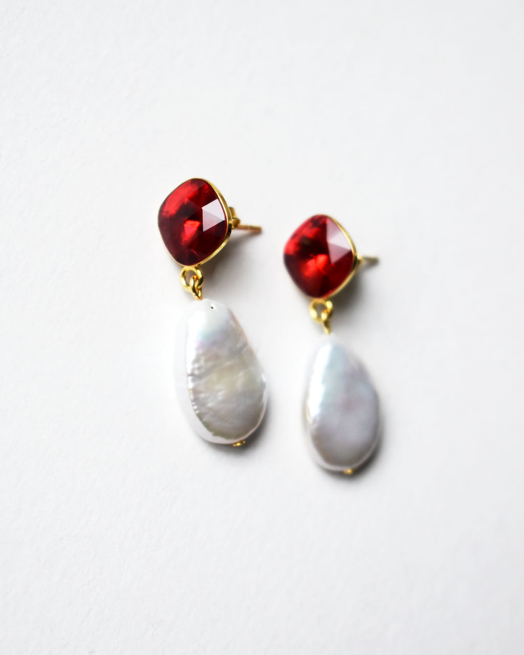 Red Cushion Crystal Pearl Drop Earrings