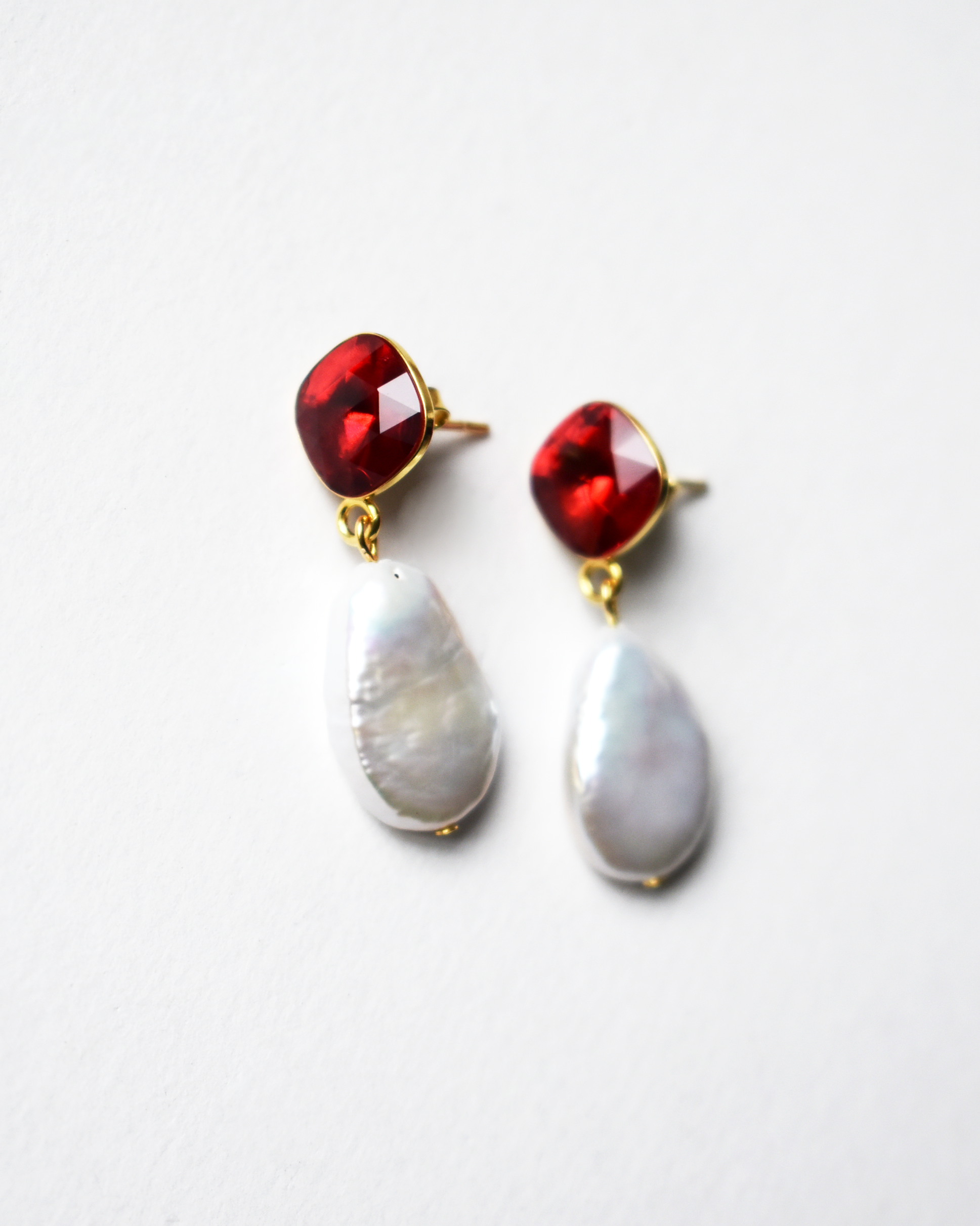 Red Cushion Crystal Pearl Drop Earrings