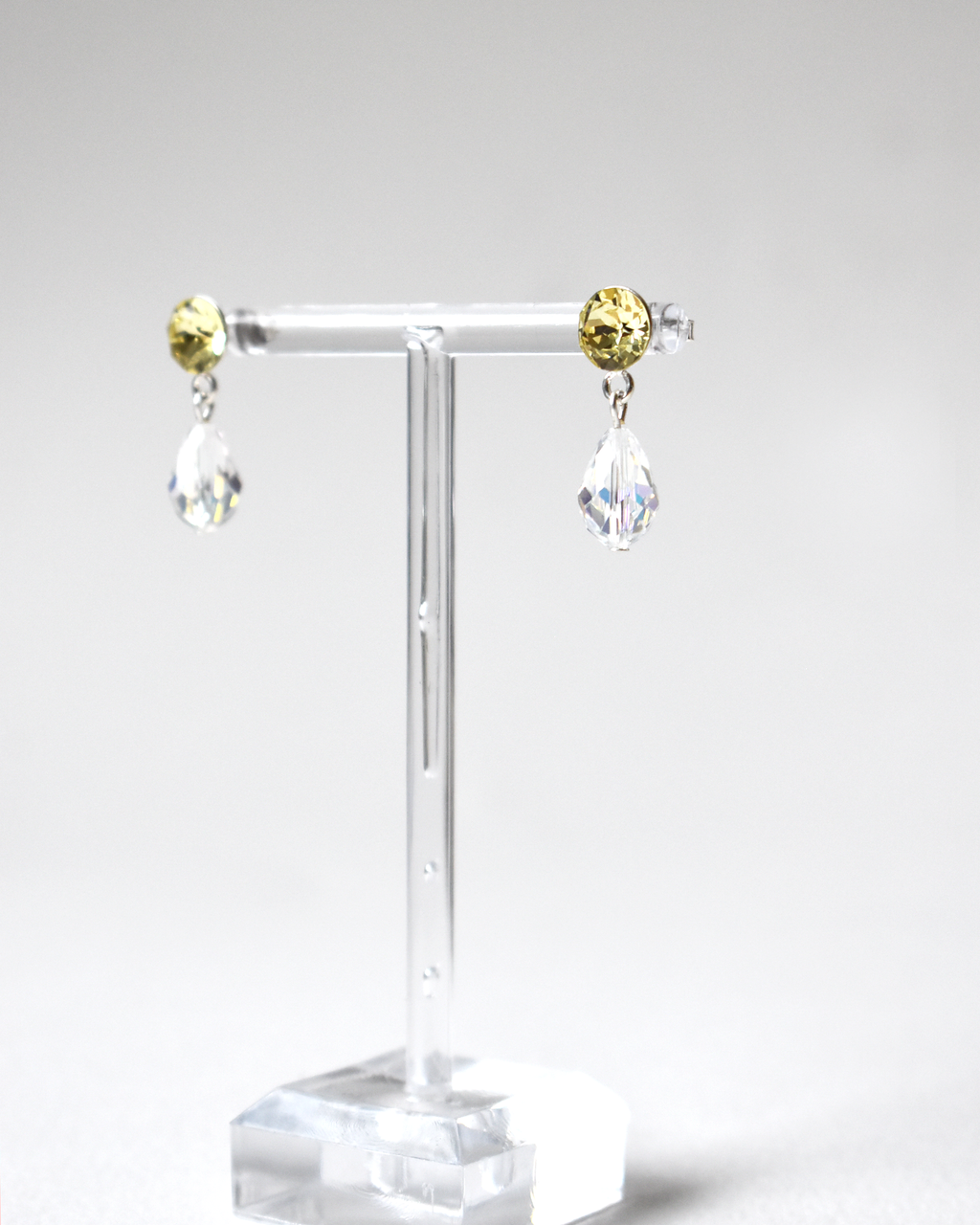 Pale Yellow Crystal Stud Earrings with Iridescent Drops