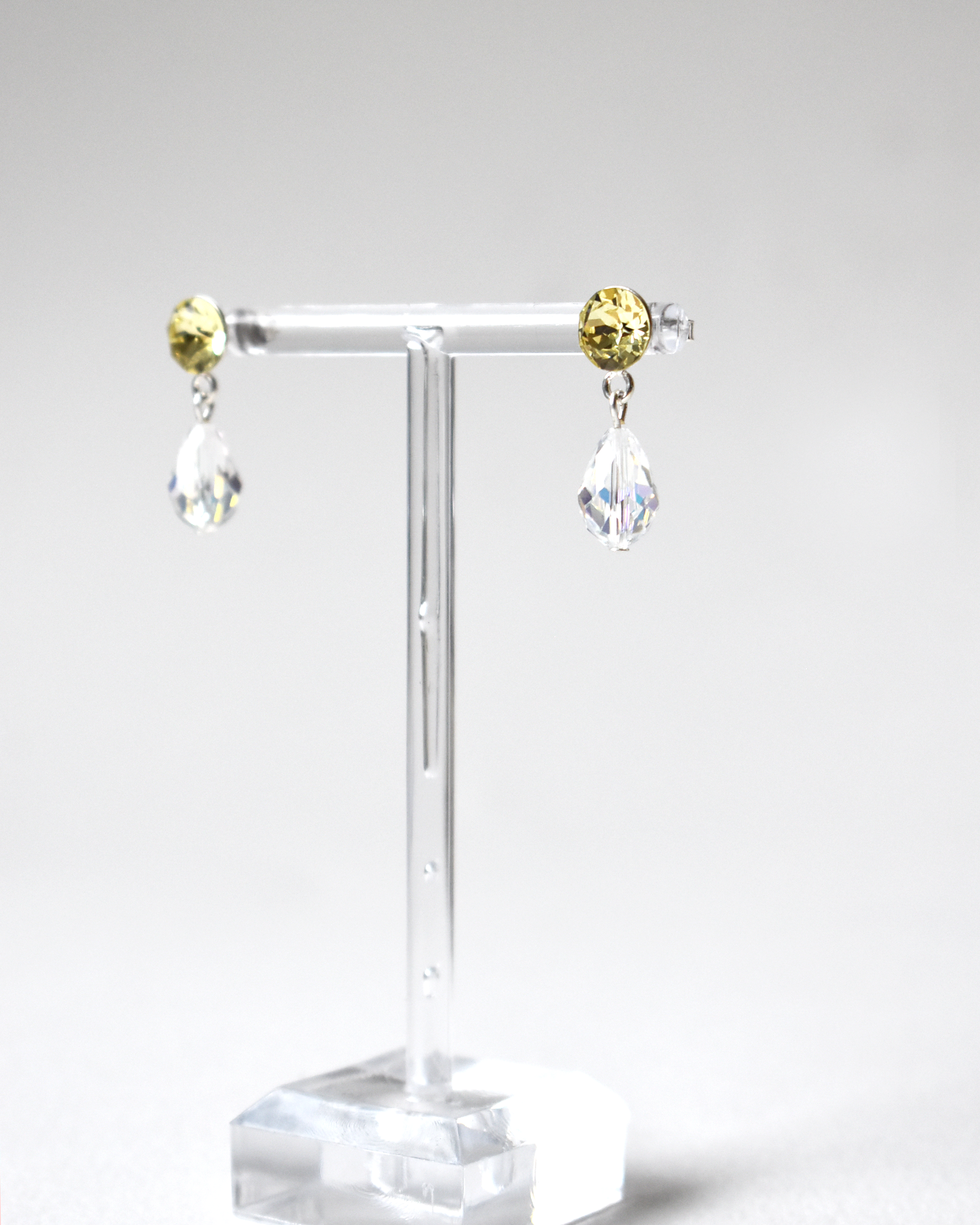 Pale Yellow Crystal Stud Earrings with Iridescent Drops