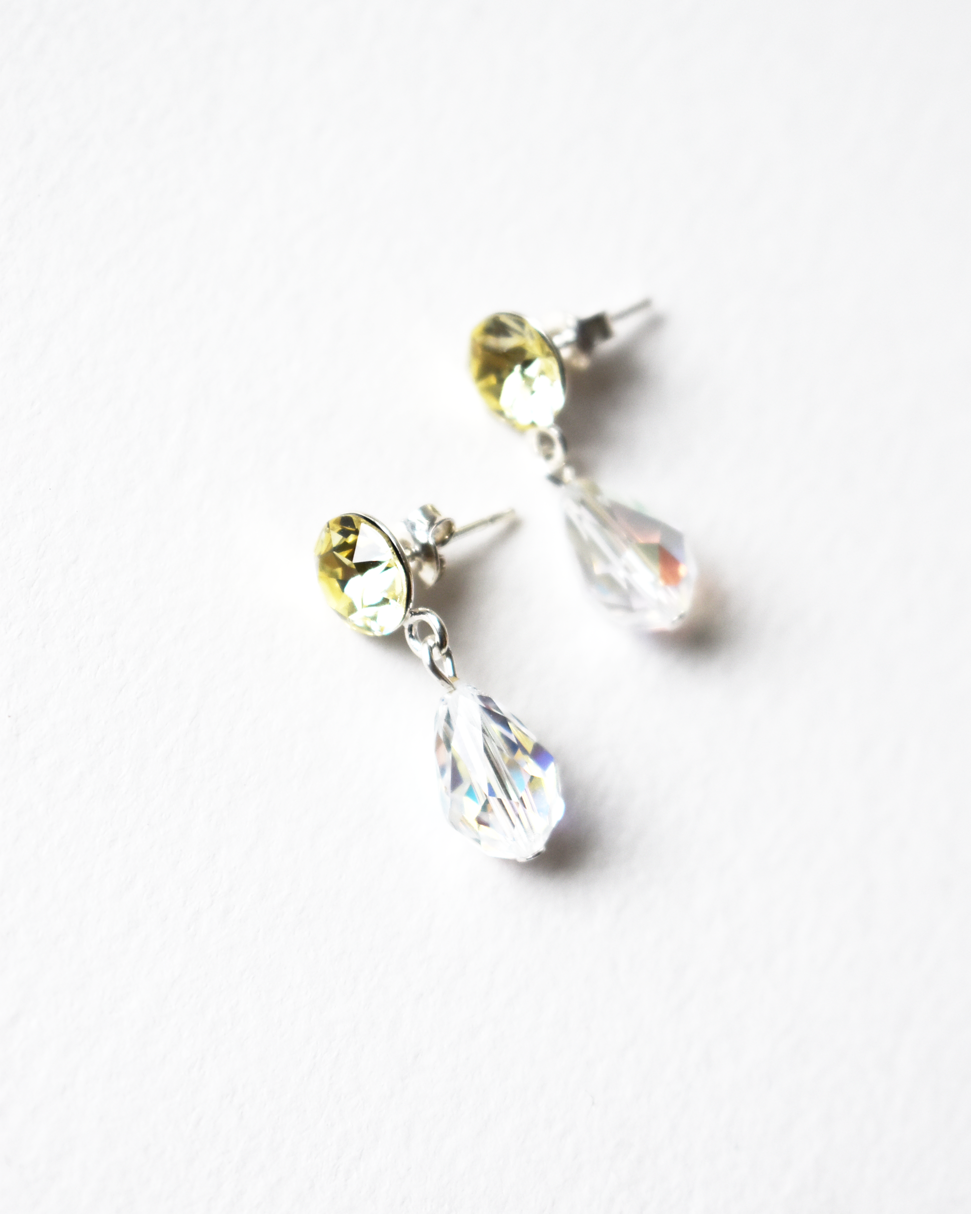 Pale Yellow Crystal Stud Earrings with Iridescent Drops