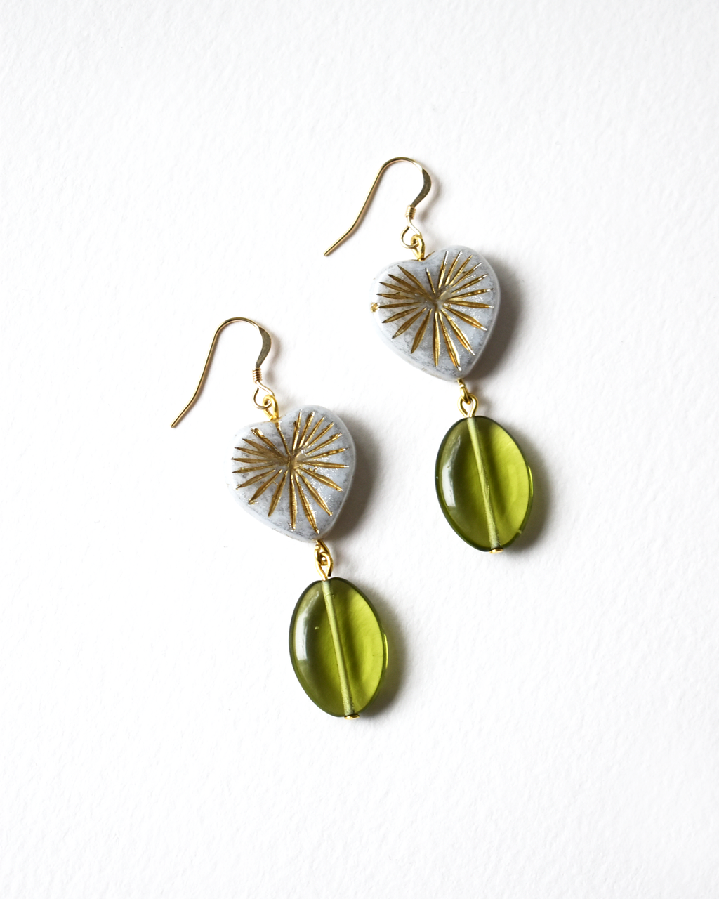 Olive Green Glass Bead Earrings with Gold Sunburst Heart Detail