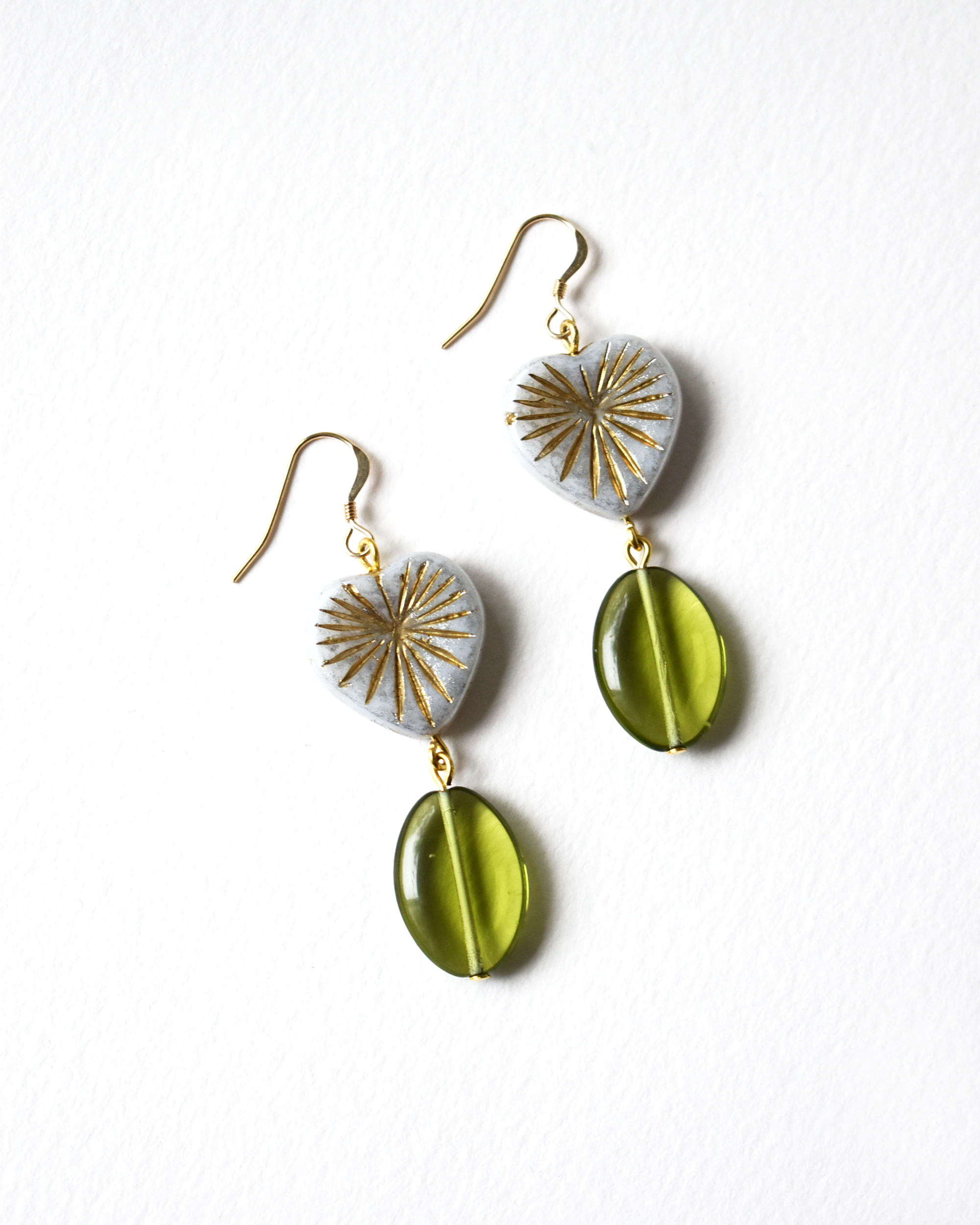 Olive Green Glass Bead Earrings with Gold Sunburst Heart Detail