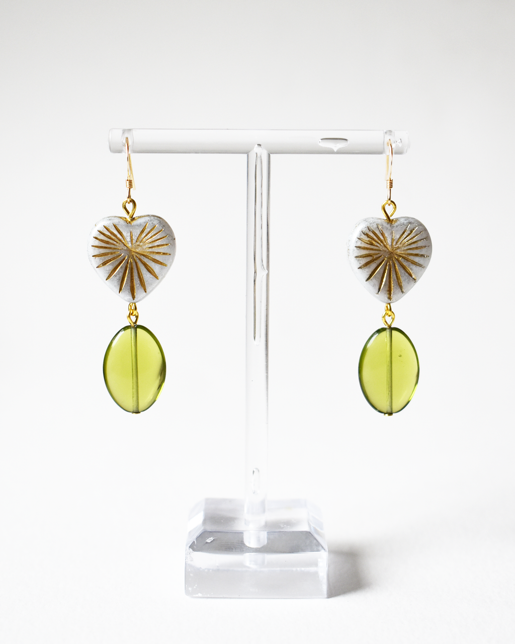 Olive Green Glass Bead Earrings with Gold Sunburst Heart Detail