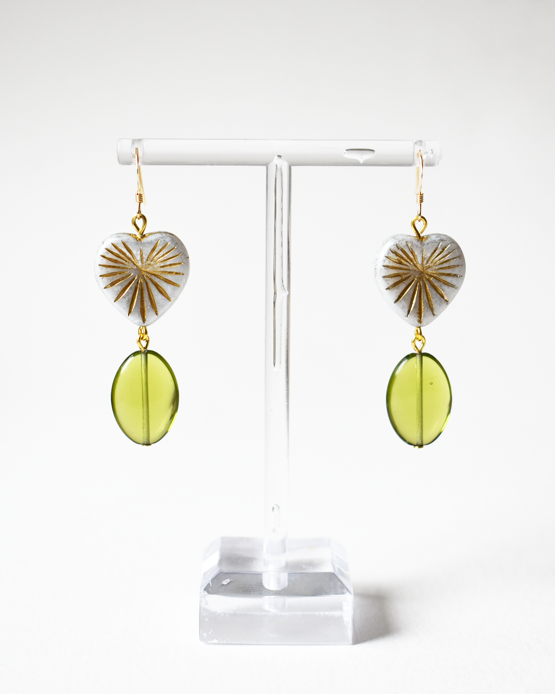 Olive Green Glass Bead Earrings with Gold Sunburst Heart Detail