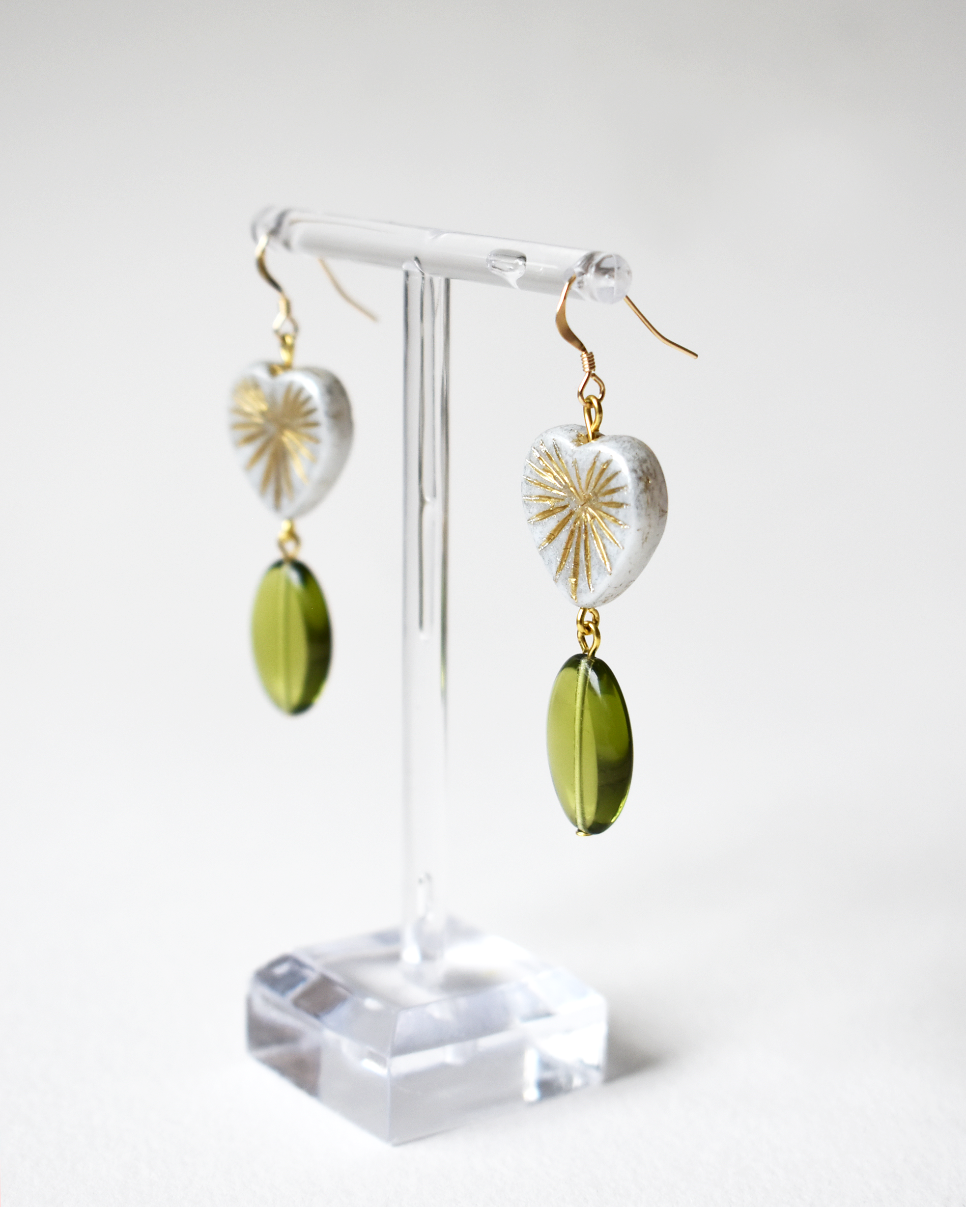 Olive Green Glass Bead Earrings with Gold Sunburst Heart Detail
