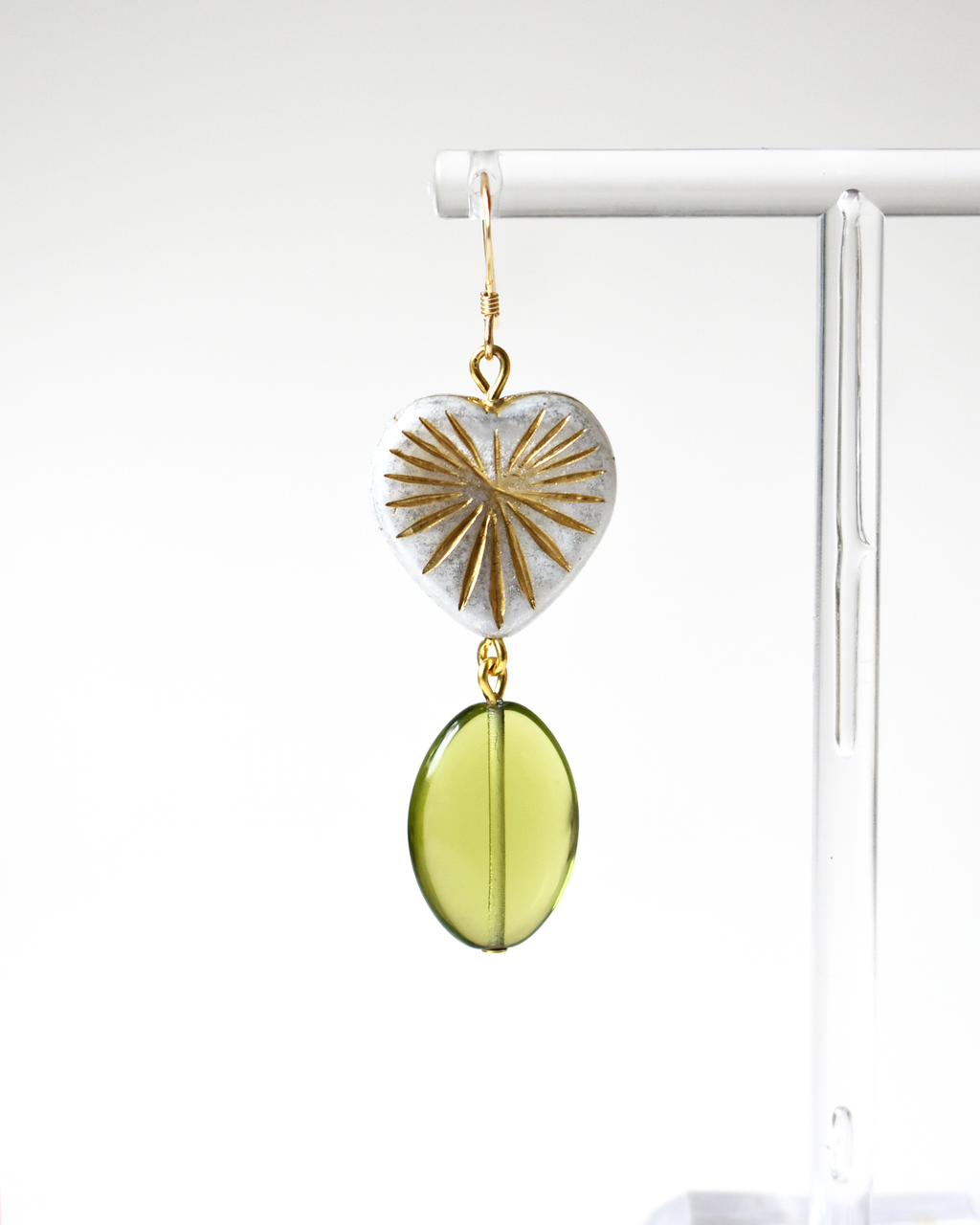 Olive Green Glass Bead Earrings with Gold Sunburst Heart Detail