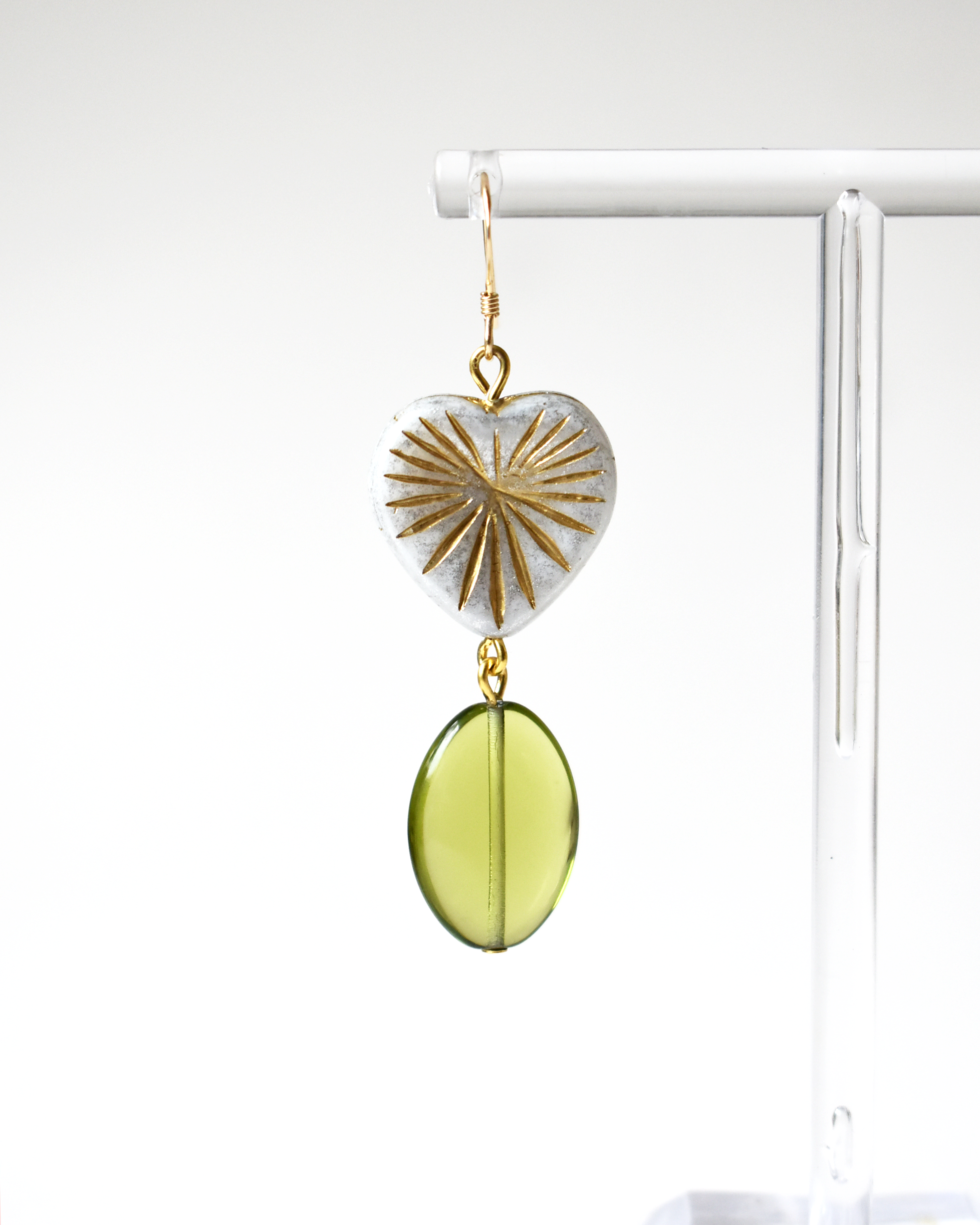 Olive Green Glass Bead Earrings with Gold Sunburst Heart Detail