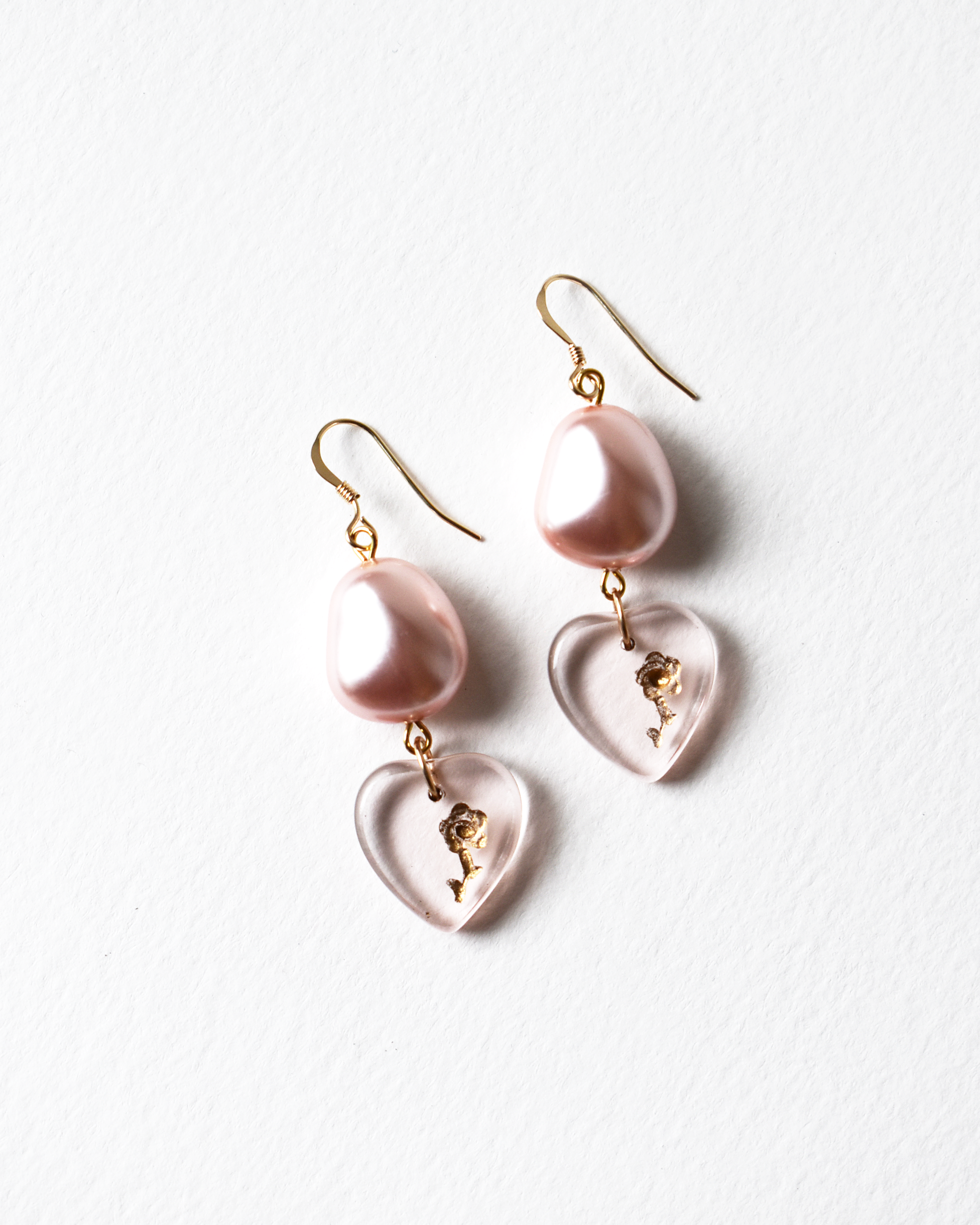 Romantic Pink Pearl and Glass Heart Earrings