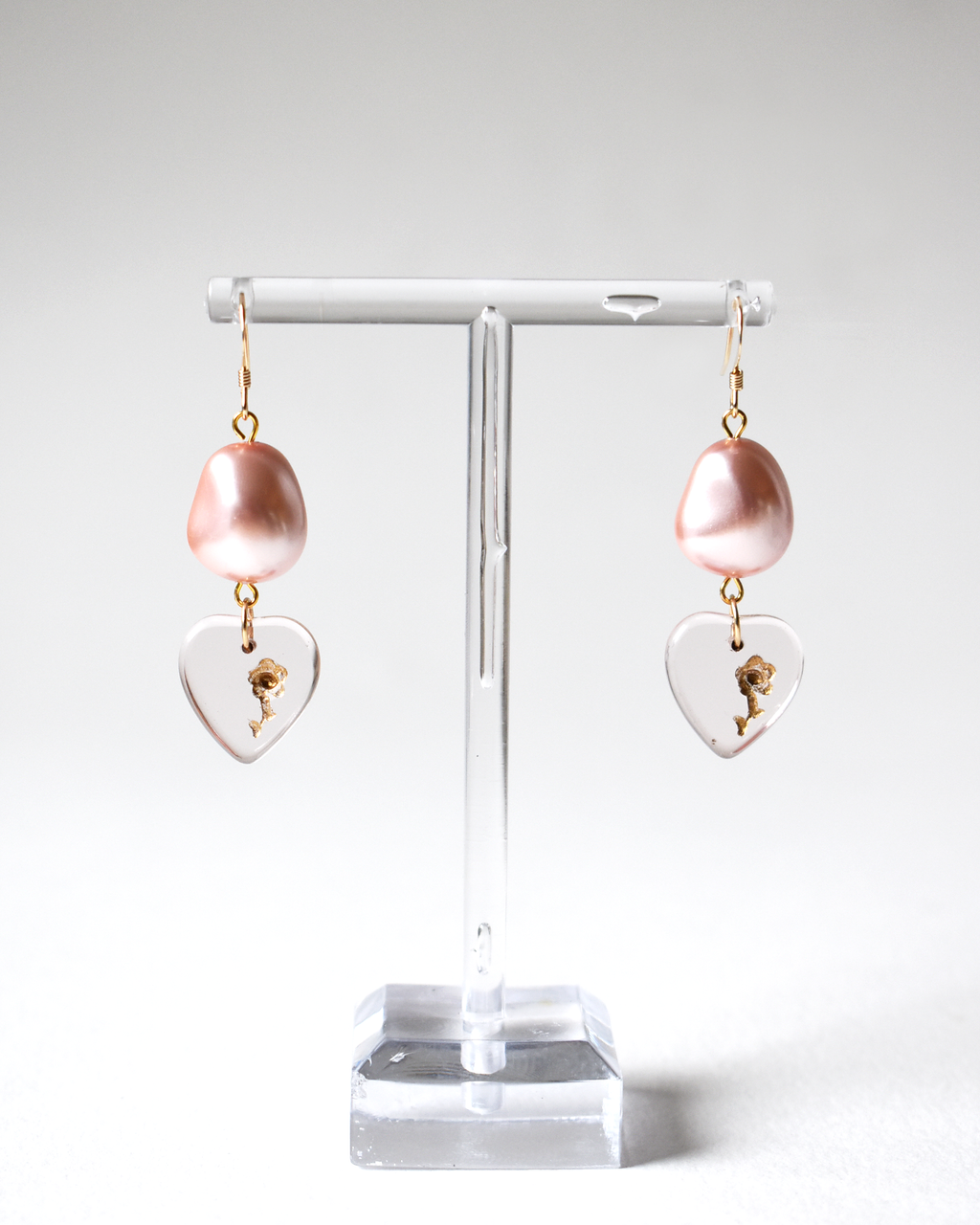Romantic Pink Pearl and Glass Heart Earrings