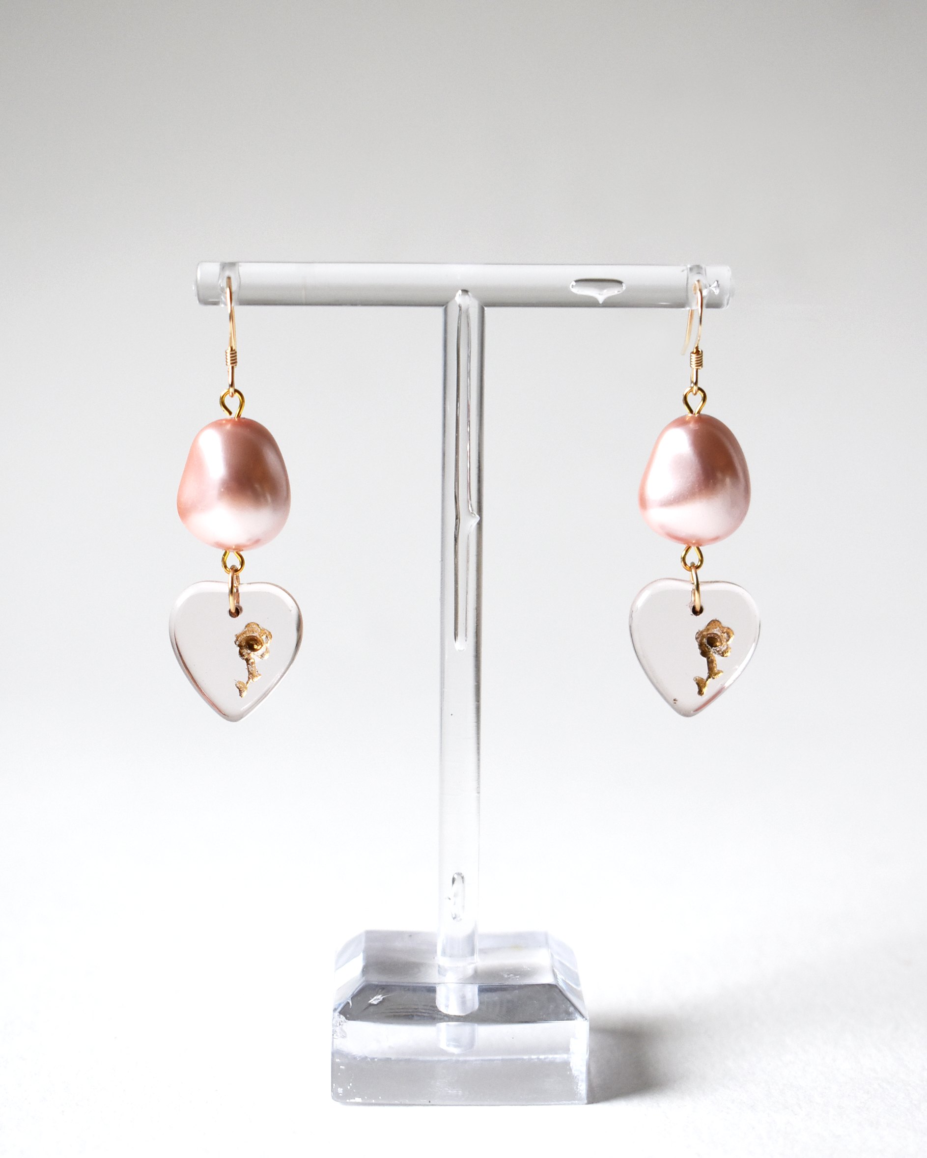 Romantic Pink Pearl and Glass Heart Earrings