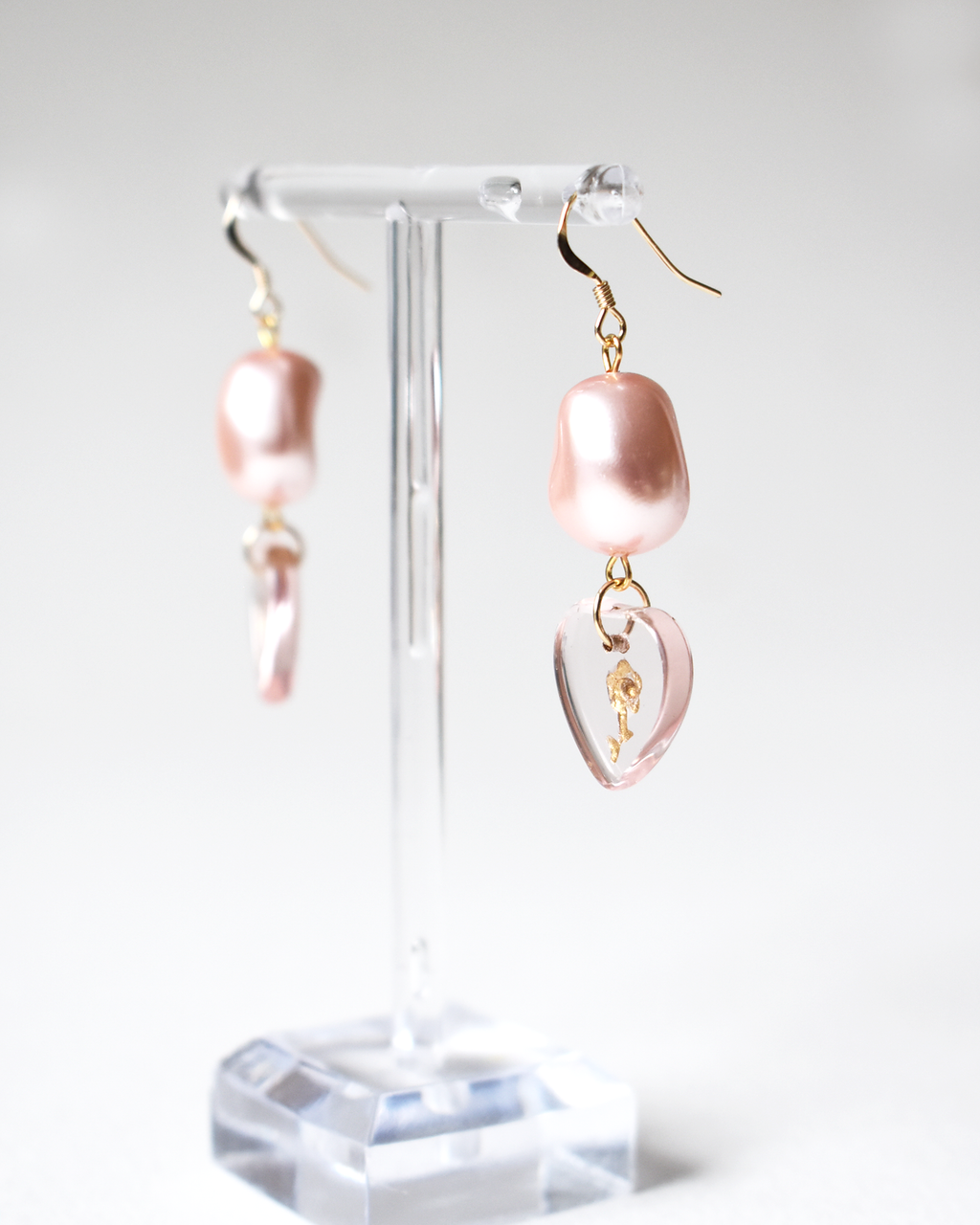 Romantic Pink Pearl and Glass Heart Earrings