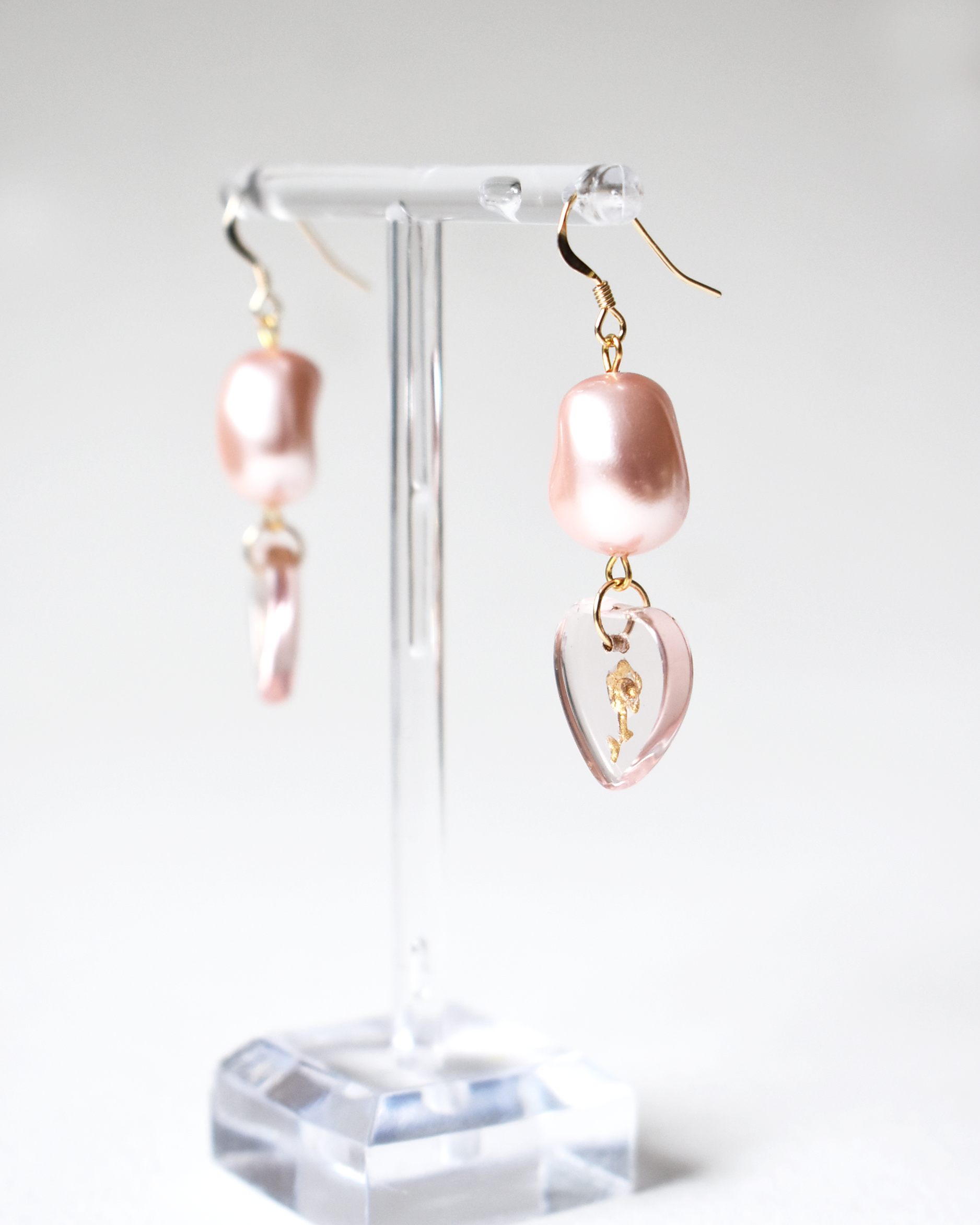 Romantic Pink Pearl and Glass Heart Earrings