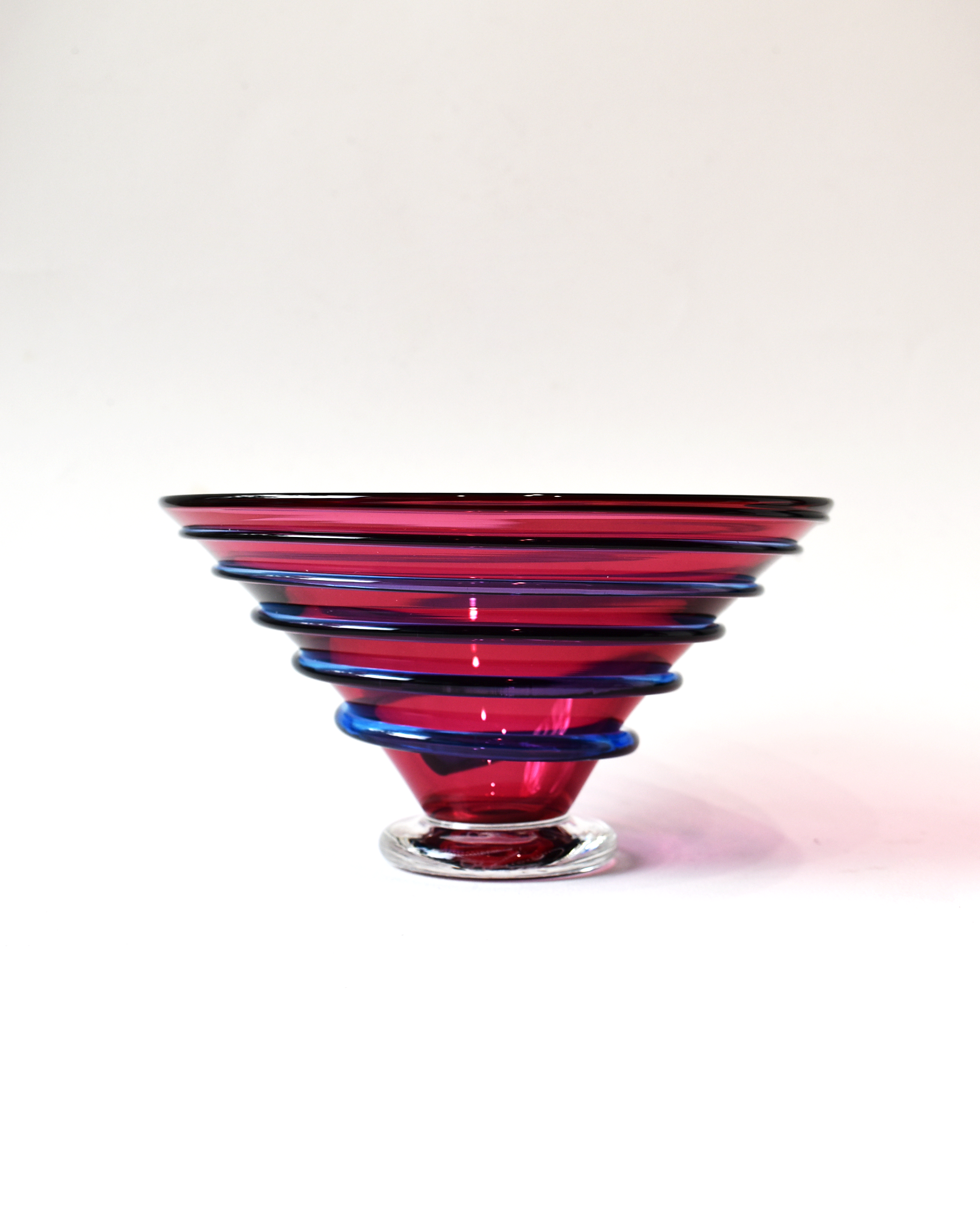 Cranberry Pink & Blue Spiral Blown Bowl (S)