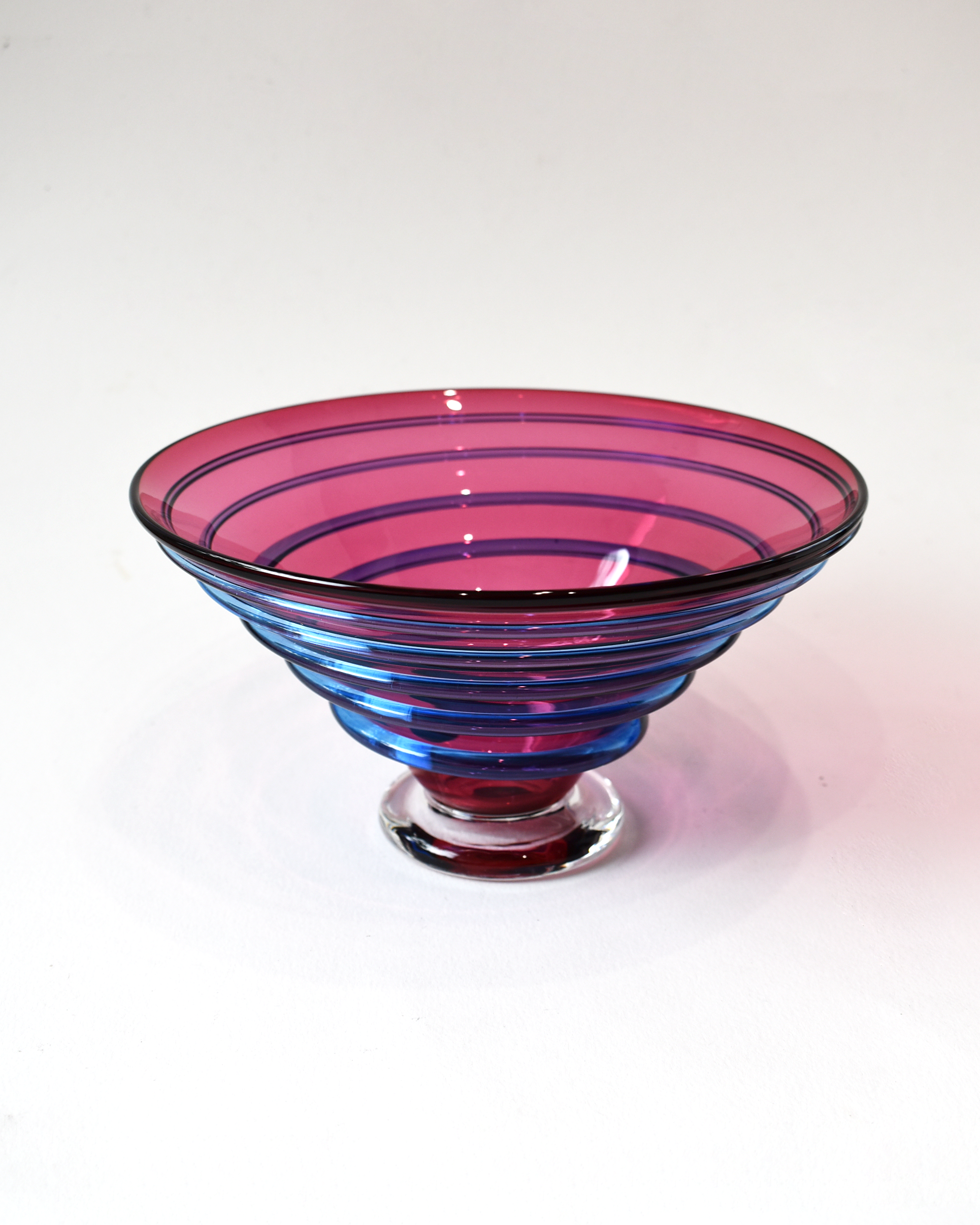 Cranberry Pink & Blue Spiral Blown Bowl (S)