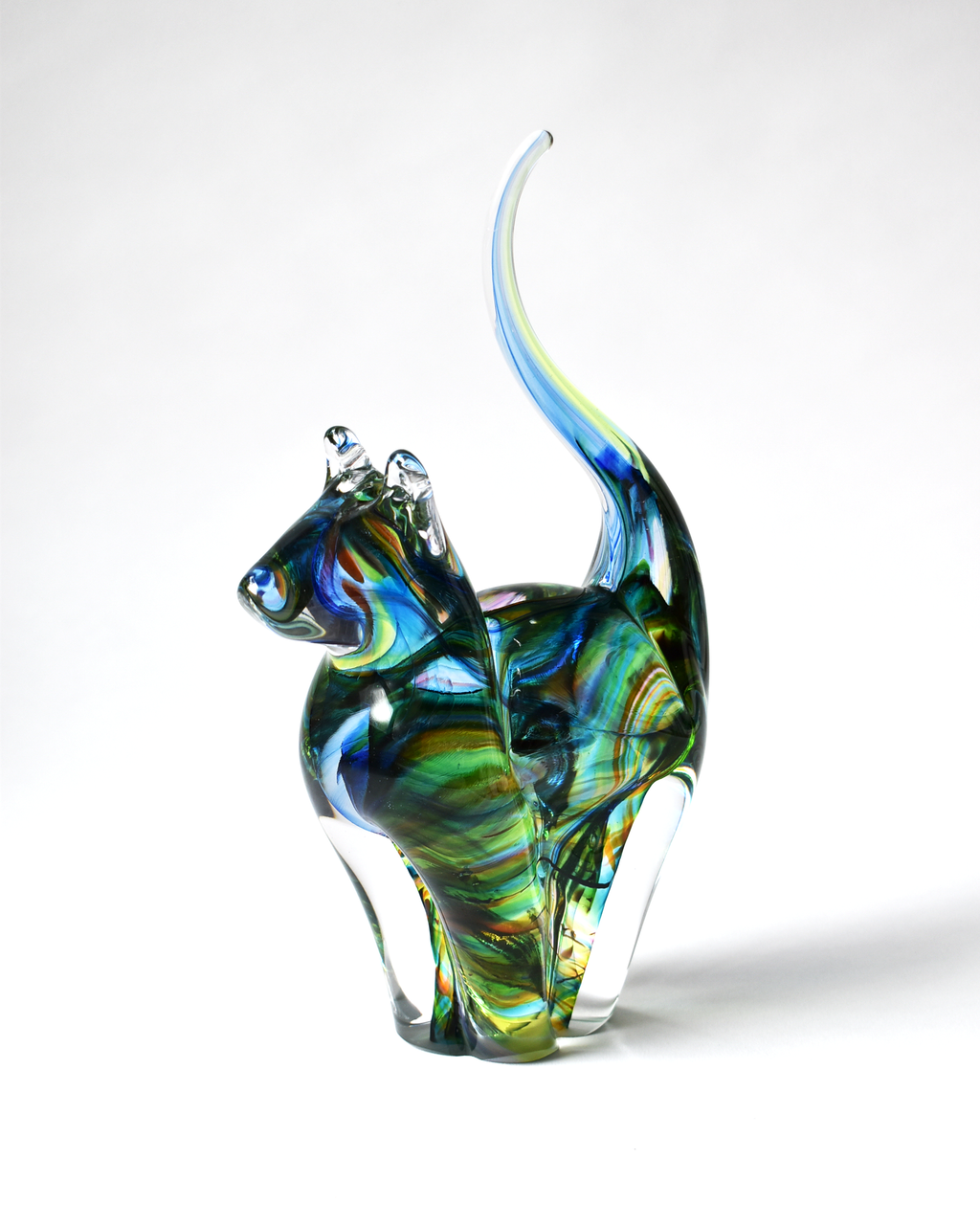 Rainbow Streak Blown Glass Cat (L)