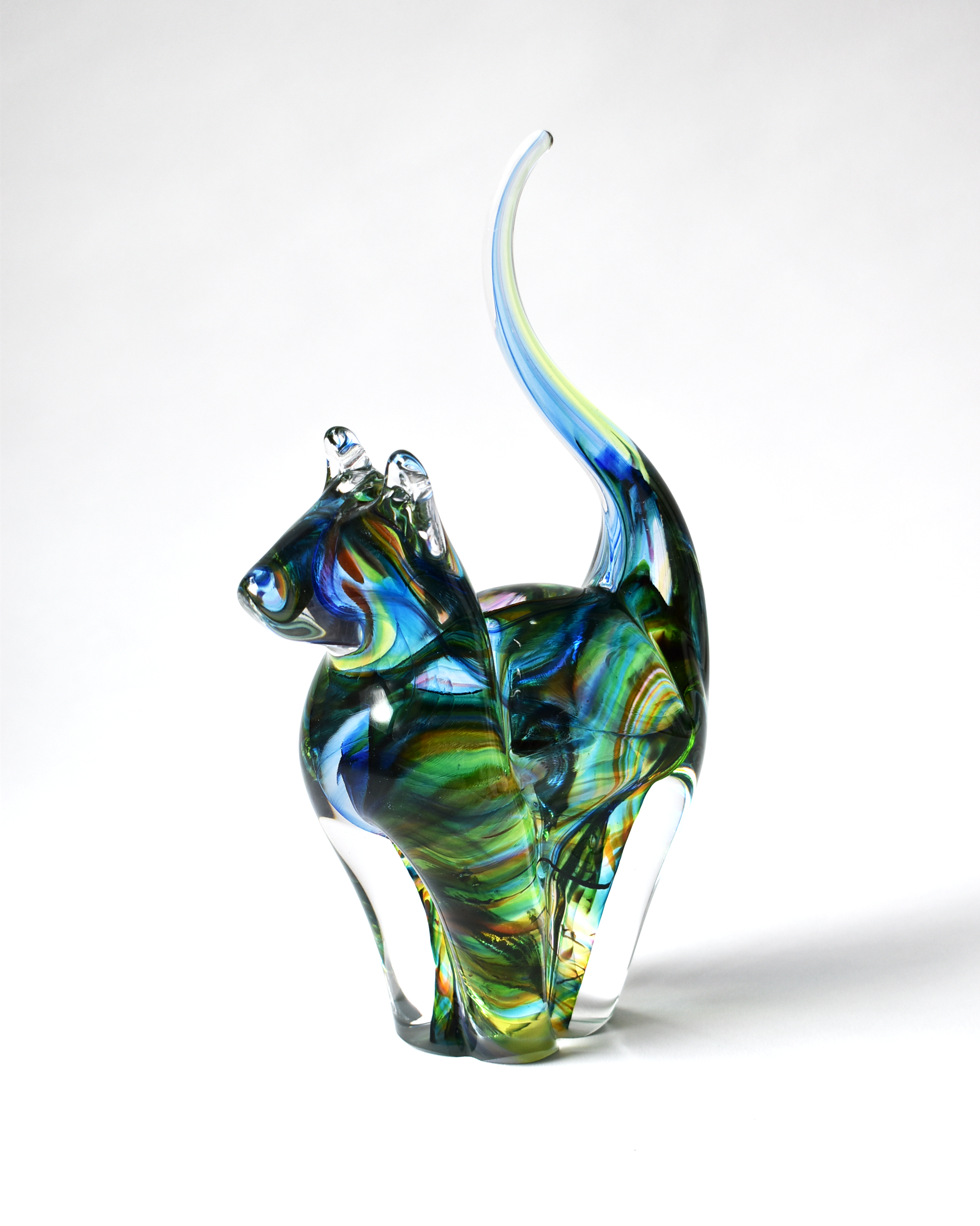 Rainbow Streak Blown Glass Cat (L)