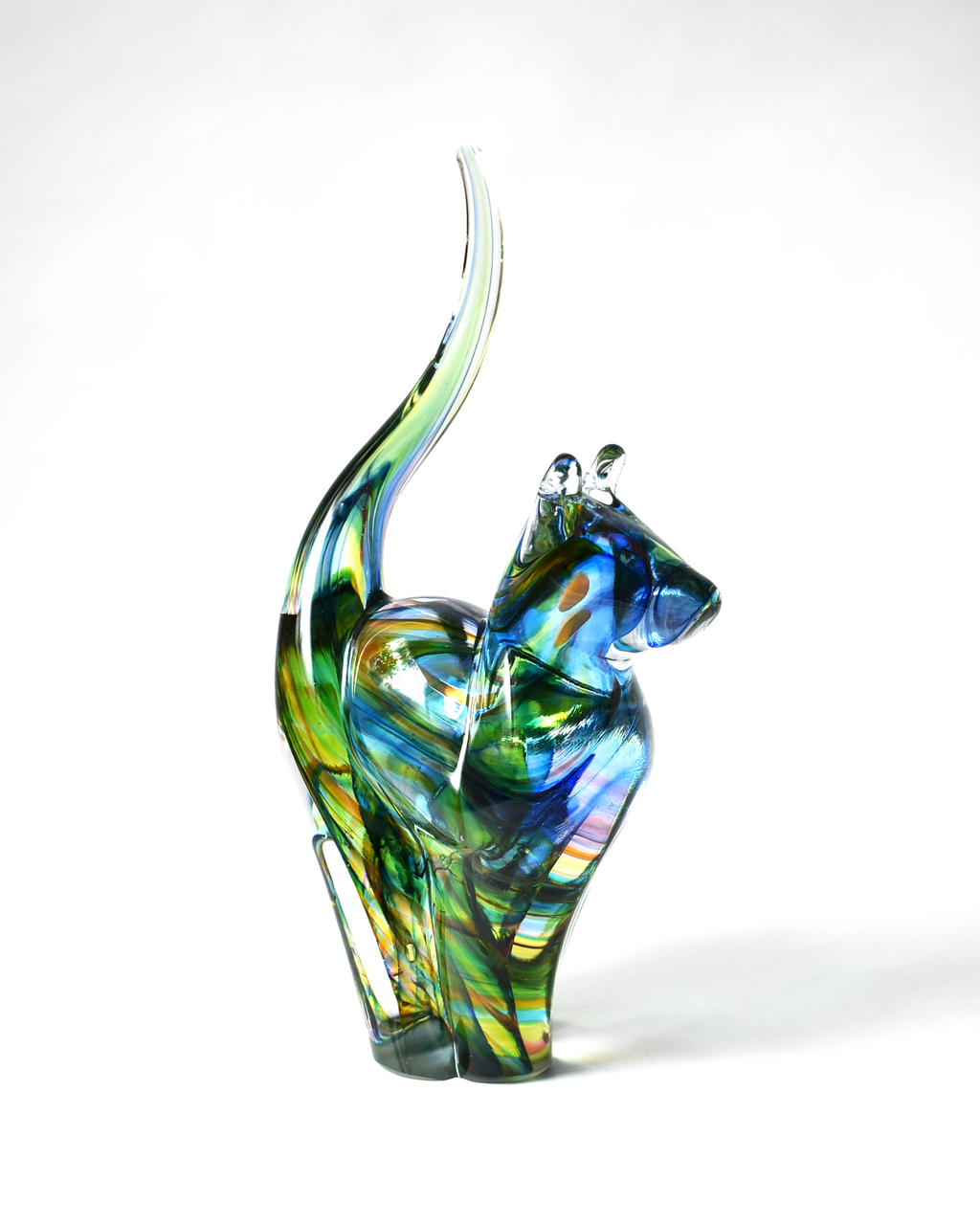 Rainbow Streak Blown Glass Cat (L)