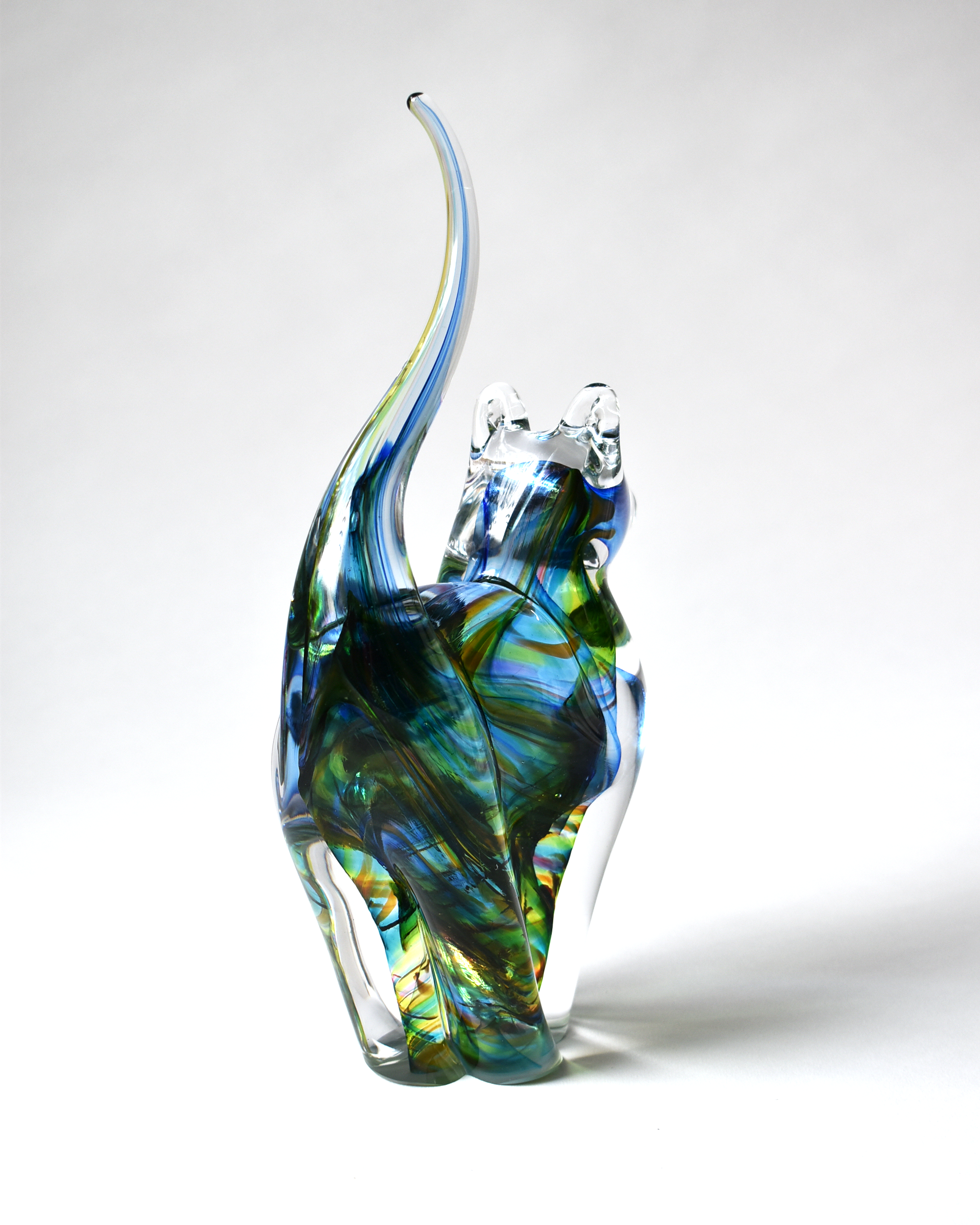 Rainbow Streak Blown Glass Cat (L)