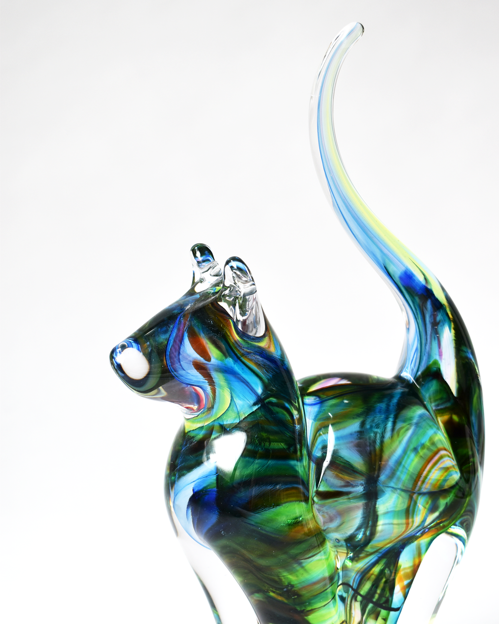 Rainbow Streak Blown Glass Cat (L)