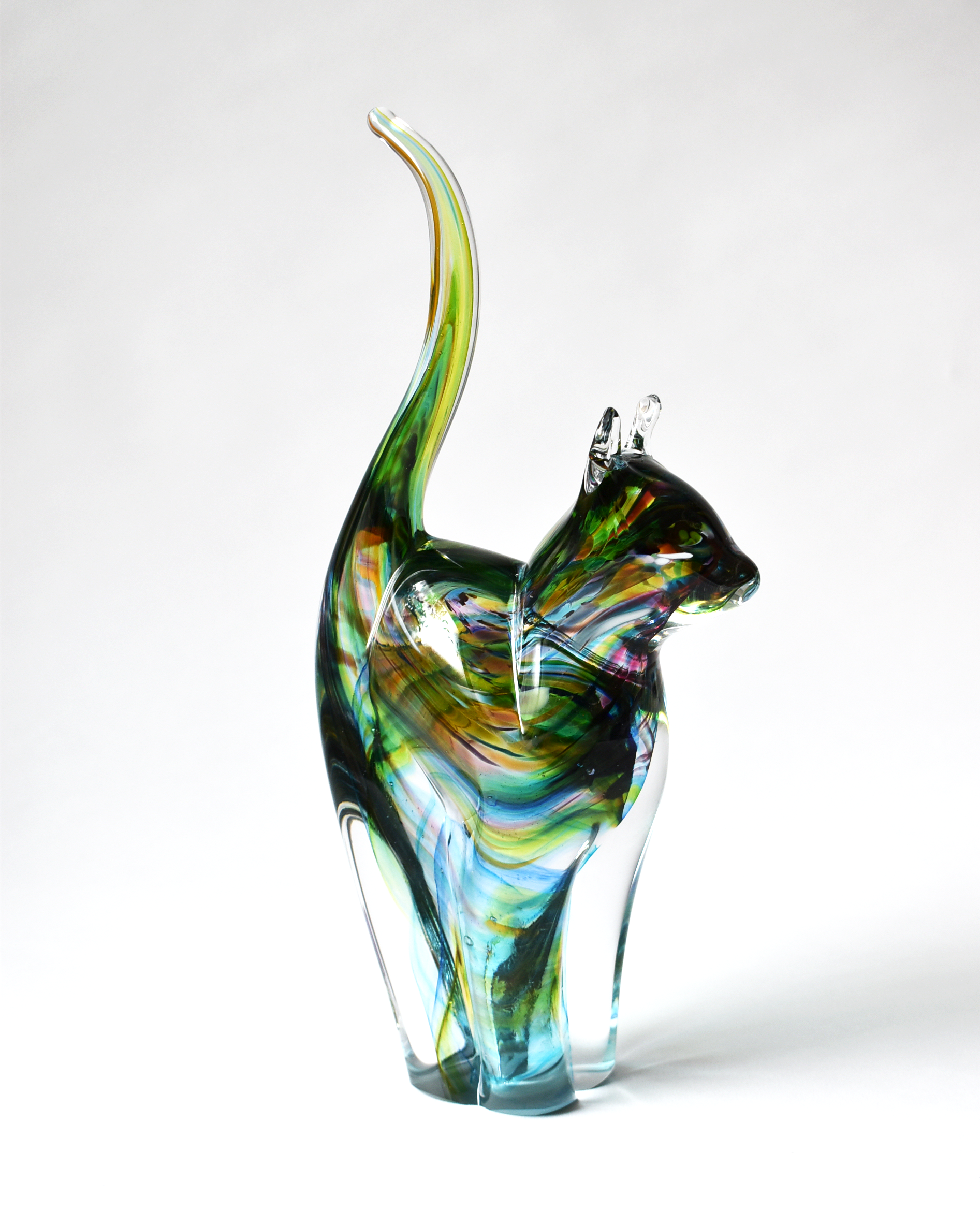 Rainbow Streak Blown Glass Cat (XL)