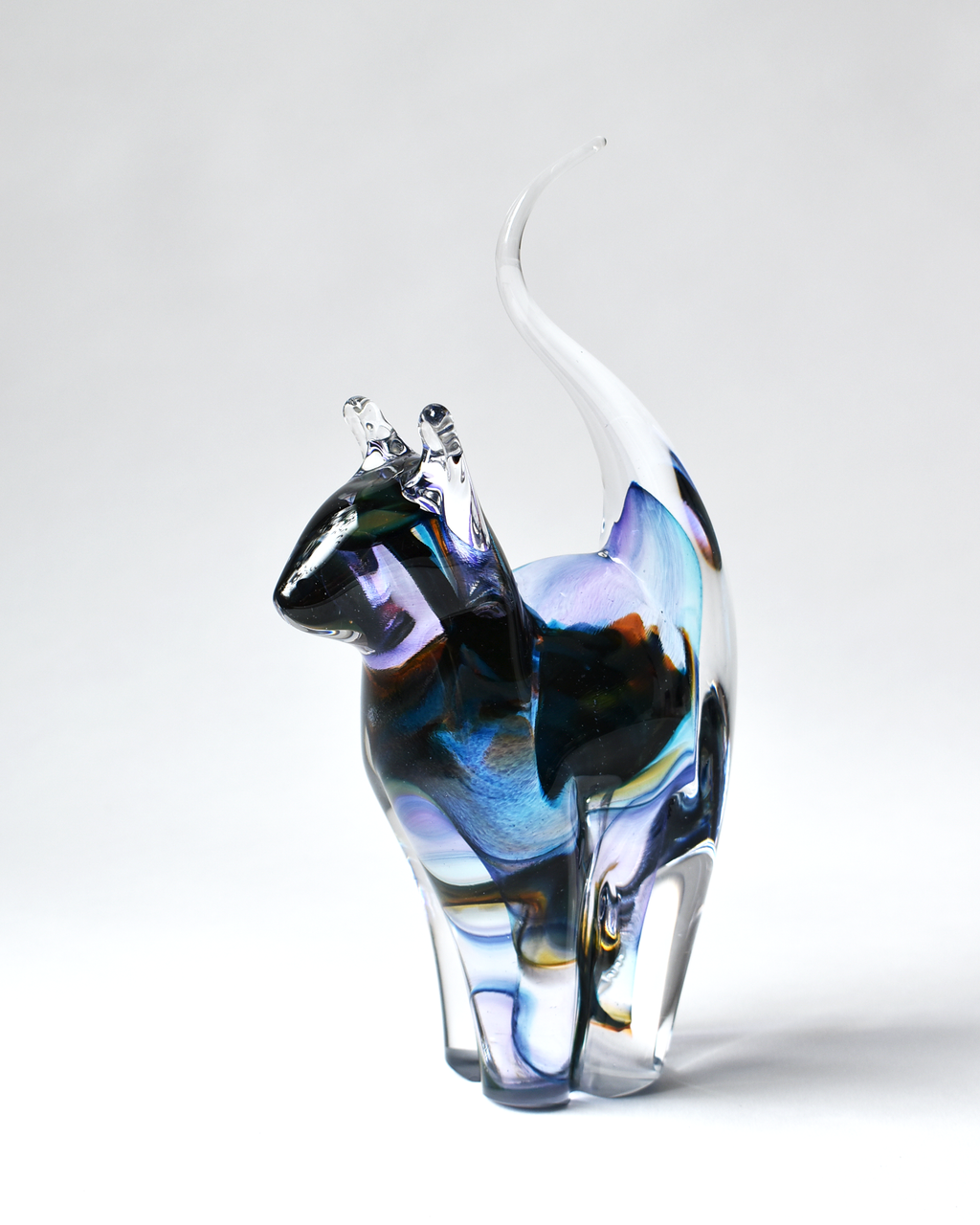 Lilac & Rainbow Streak Blown Glass Cat (M)