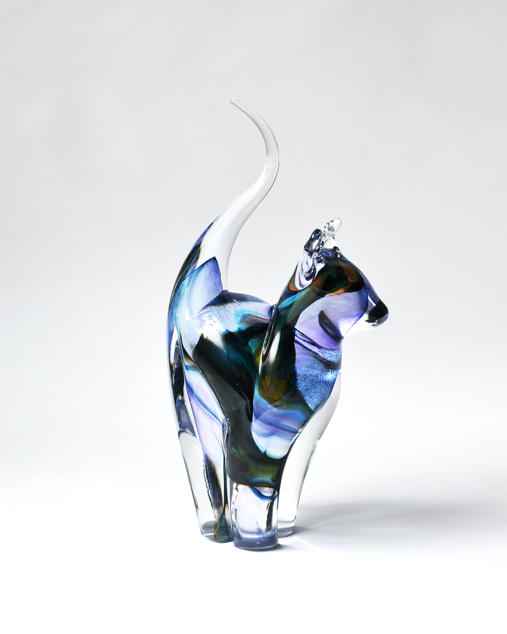 Lilac & Rainbow Streak Blown Glass Cat (M)