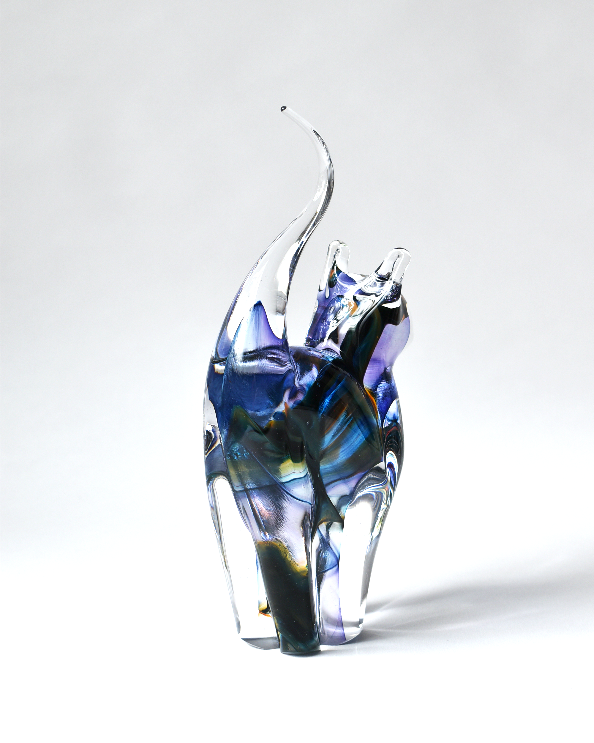 Lilac & Rainbow Streak Blown Glass Cat (M)