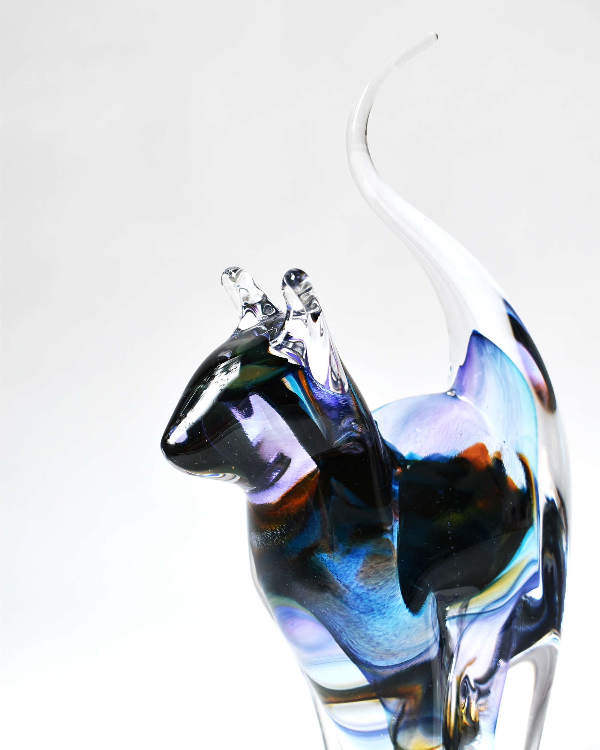 Lilac & Rainbow Streak Blown Glass Cat (M)
