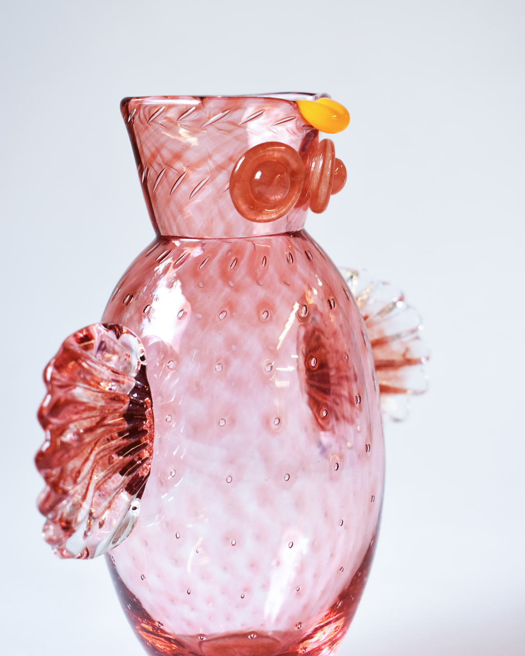 Peach Pink Blown Glass 'Owl Jug'