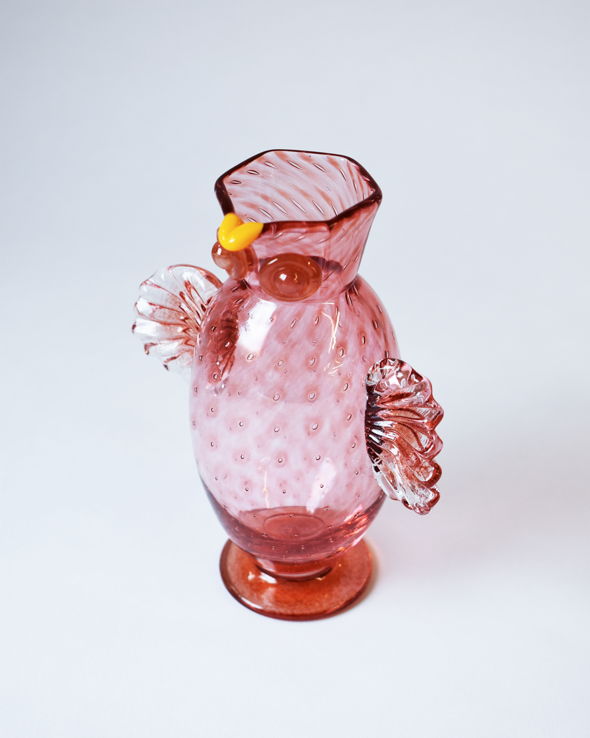 Peach Pink Blown Glass 'Owl Jug'