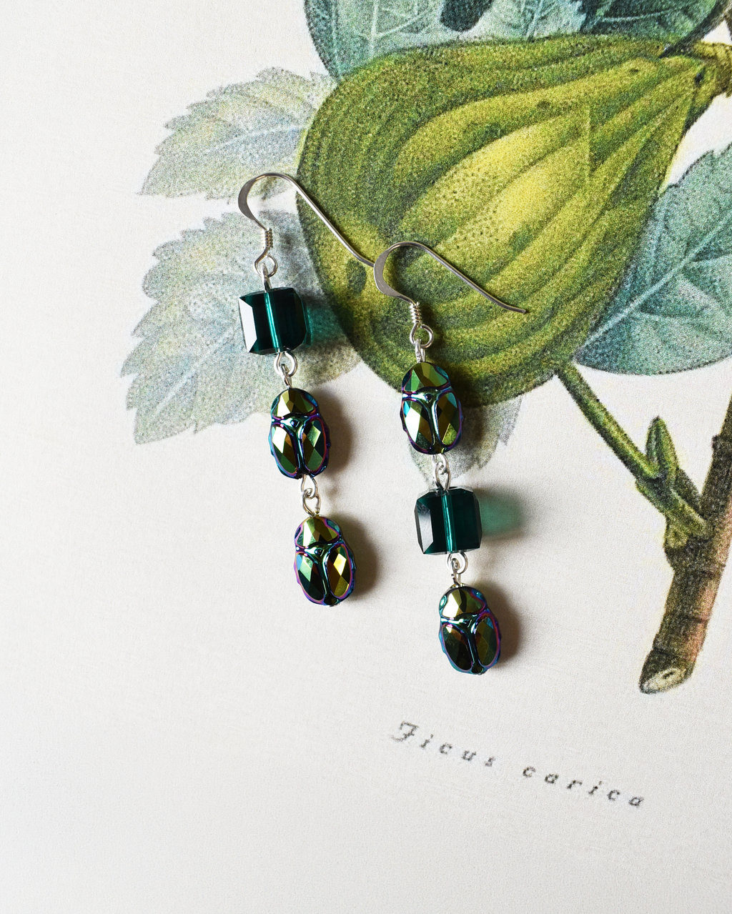 'Green Scarabs' Iridescent Green Crystal Earrings