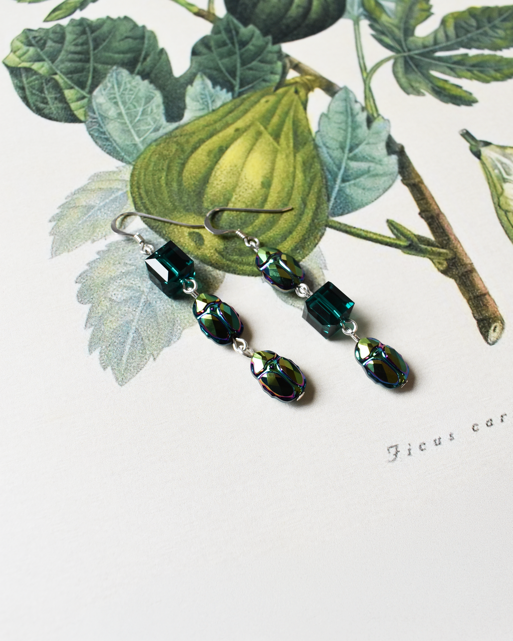 'Green Scarabs' Iridescent Green Crystal Earrings