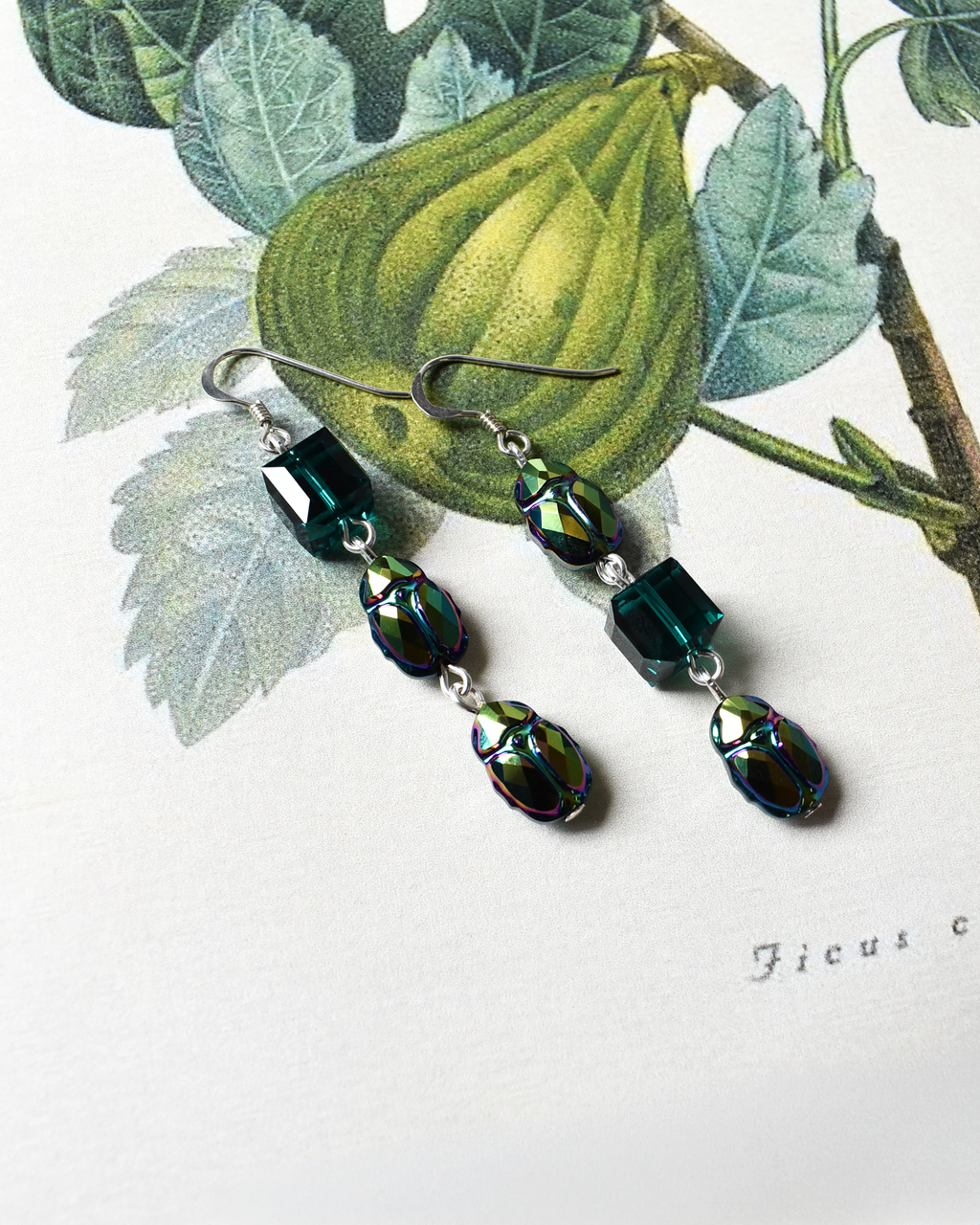 'Green Scarabs' Iridescent Green Crystal Earrings