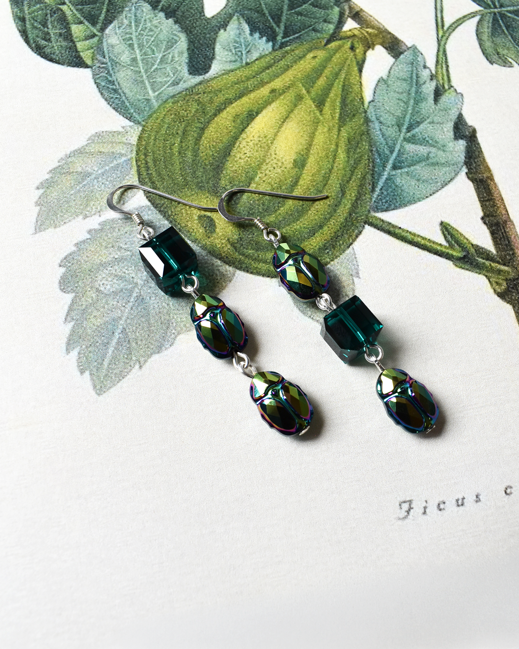 'Green Scarabs' Iridescent Green Crystal Earrings